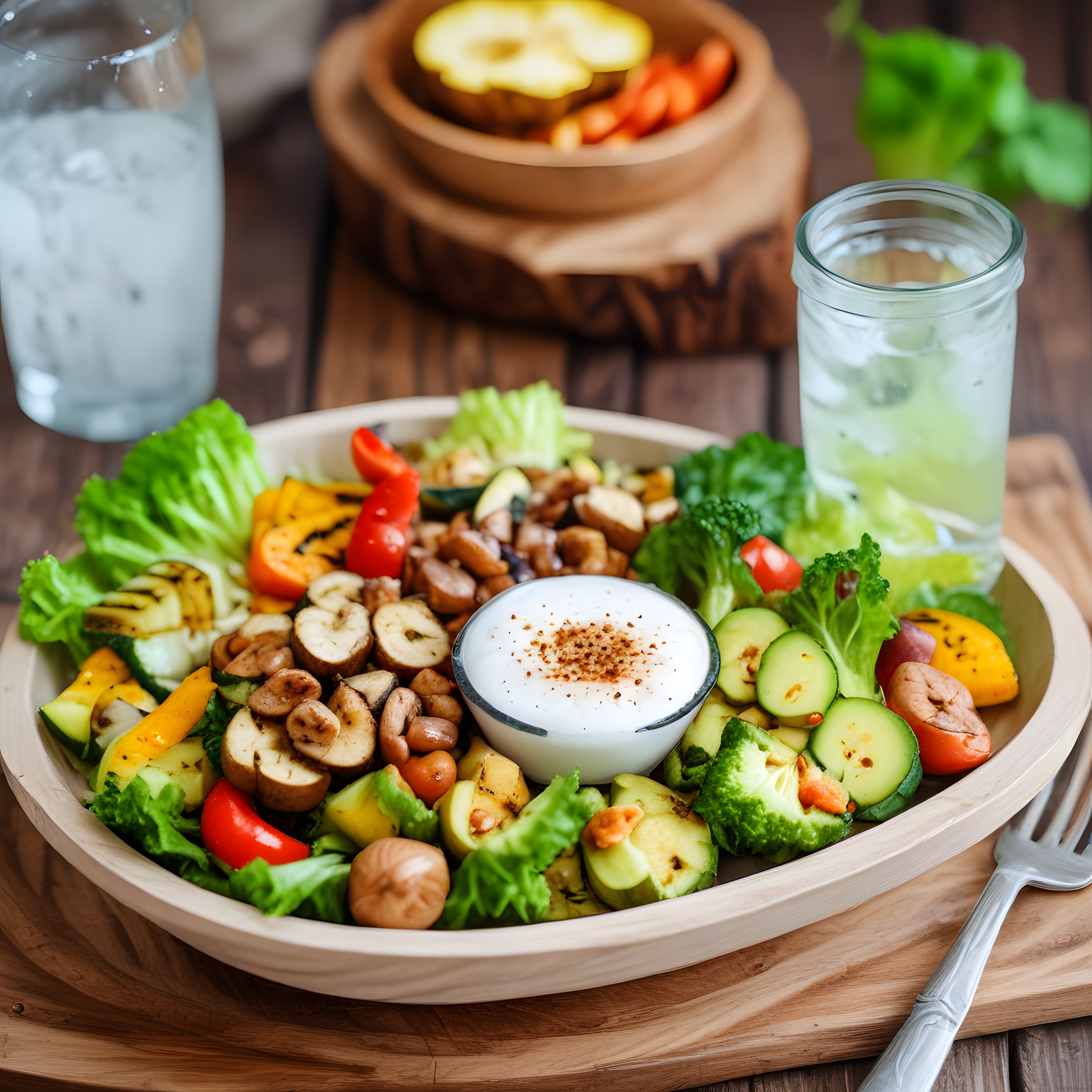 Ahşap Kasenin İçinde Renkli Sebzelerle Hazırlanmış Sağlıklı Vegan Salata Sunumu