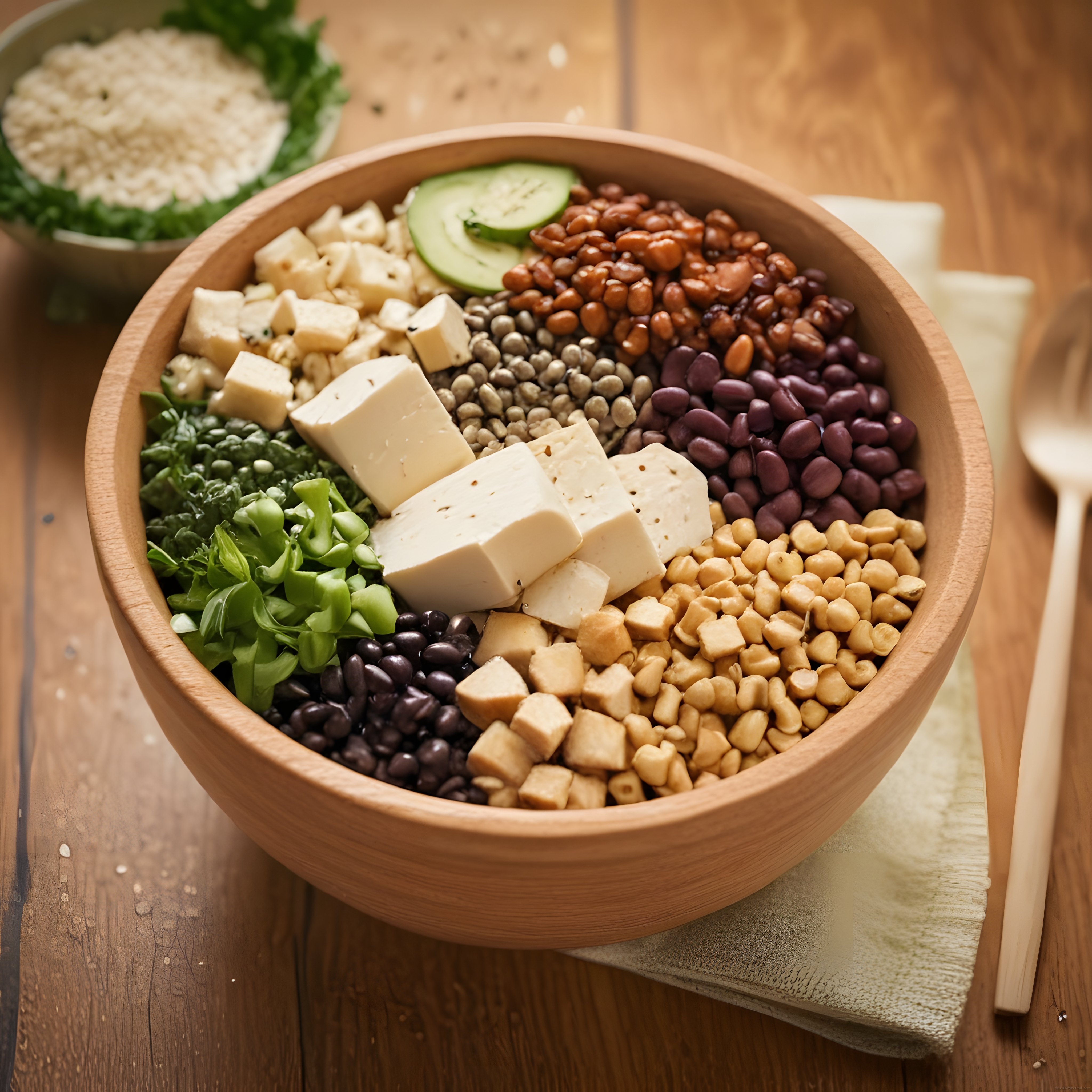 Ahşap Kasenin İçinde Renkli Tofu ve Baklagilli Sağlıklı Buddha Bowl