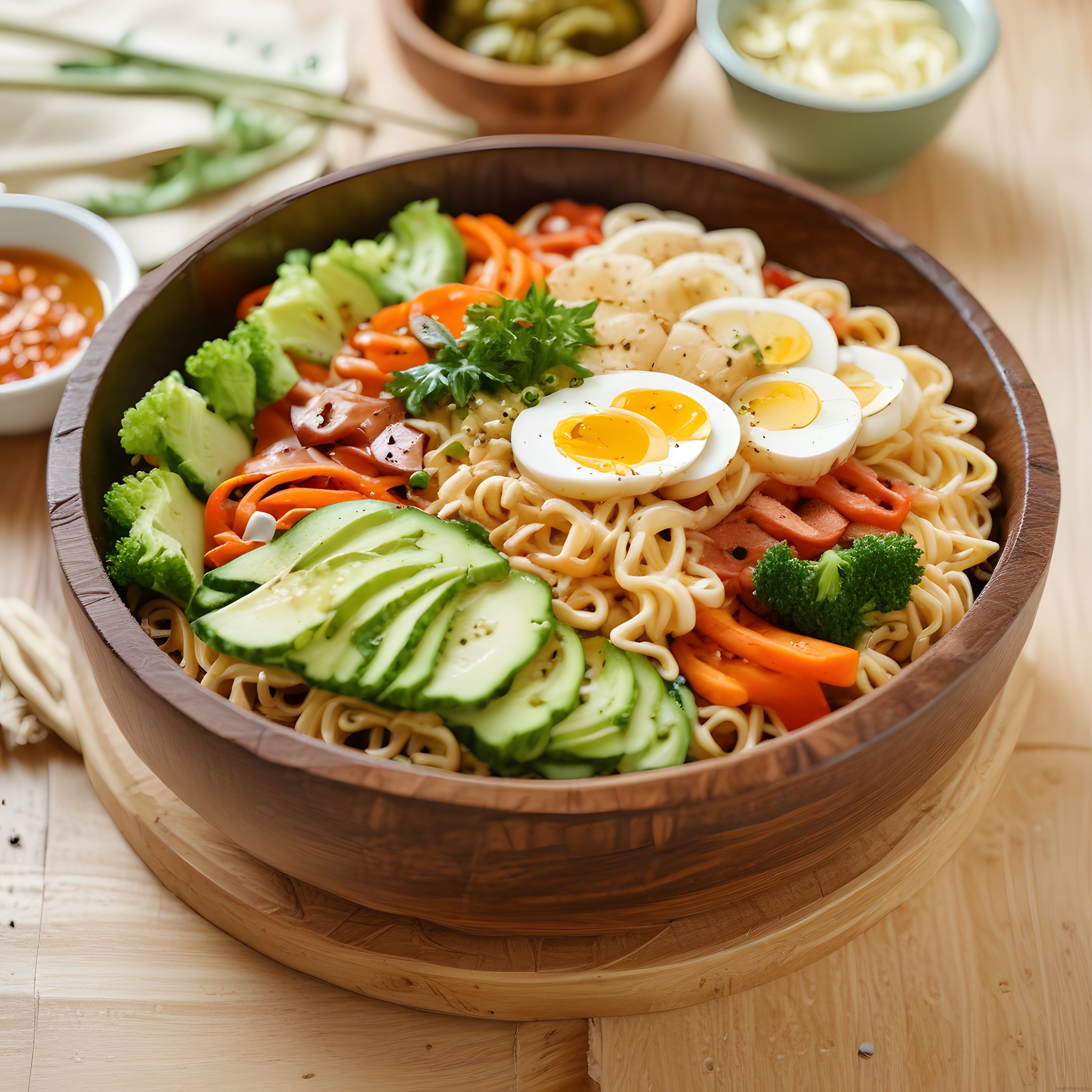 Ahşap Kasenin İçinde Taze Sebzeler ve Haşlanmış Yumurtalı Noodle Salatası