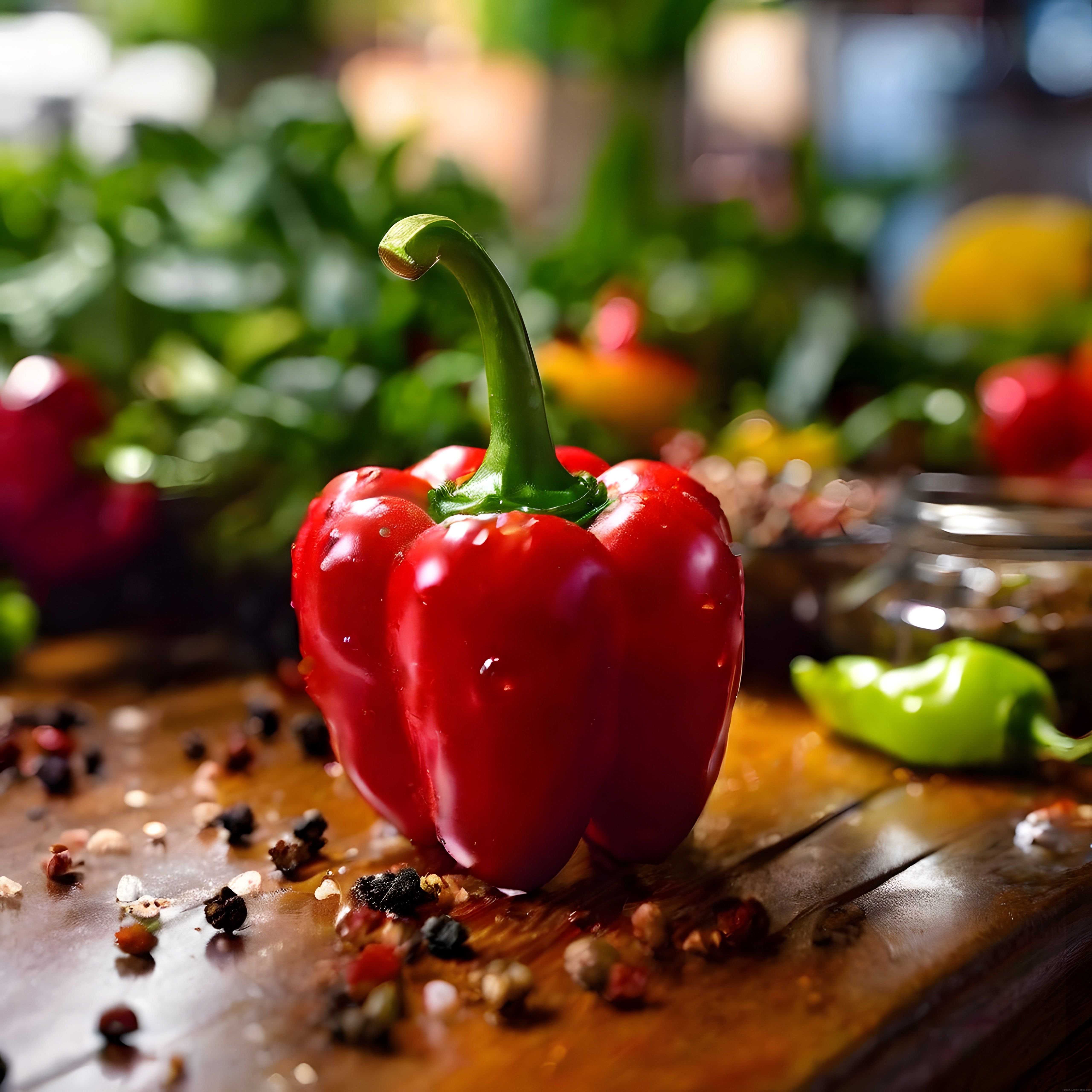 Ahşap Kesme Tahtası Üzerinde Parlak Kırmızı Dolma Biberi ve Baharatlar