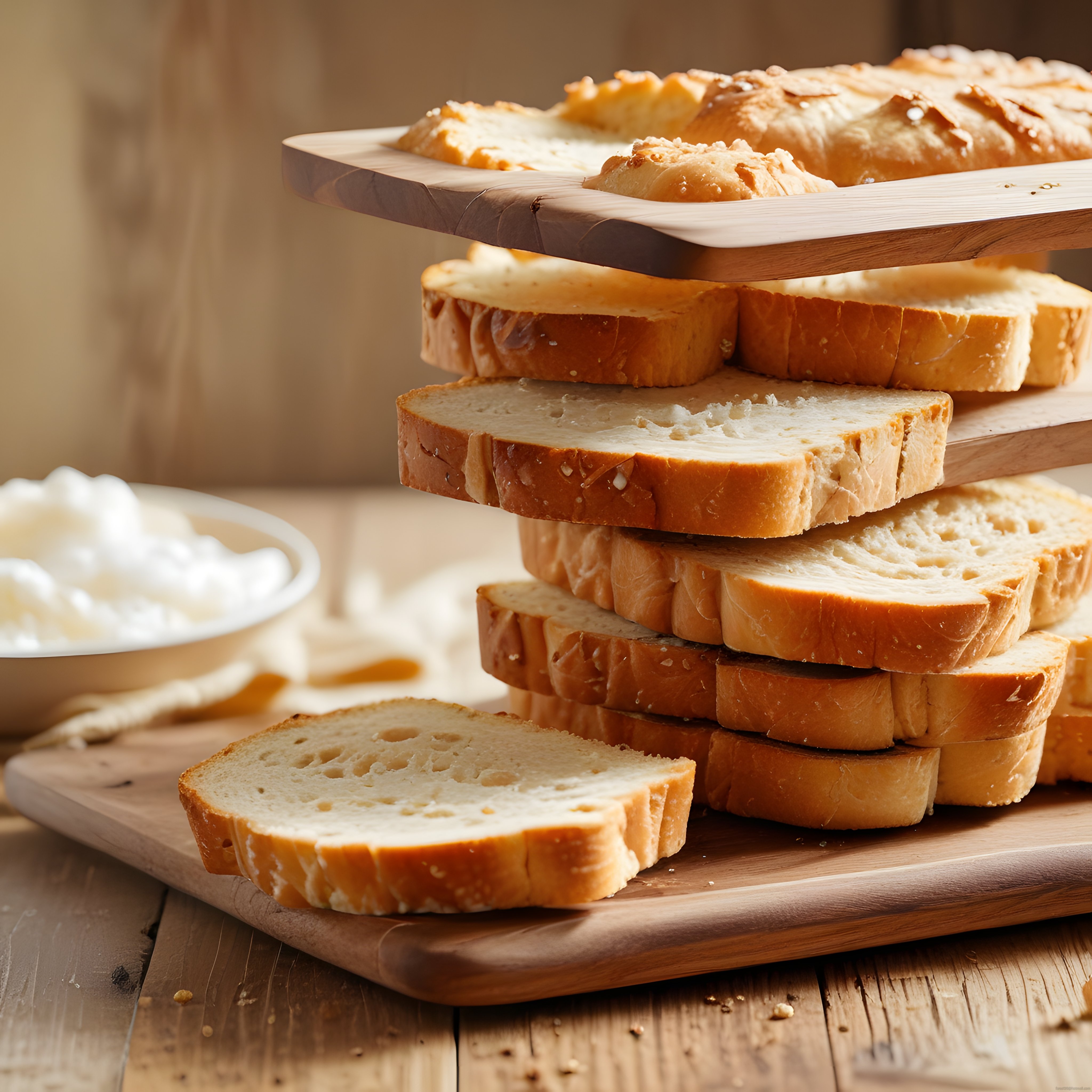 Ahşap Kesme Tahtası Üzerinde Taze Ekmek Dilimleri ve Ev Yapımı Tereyağı