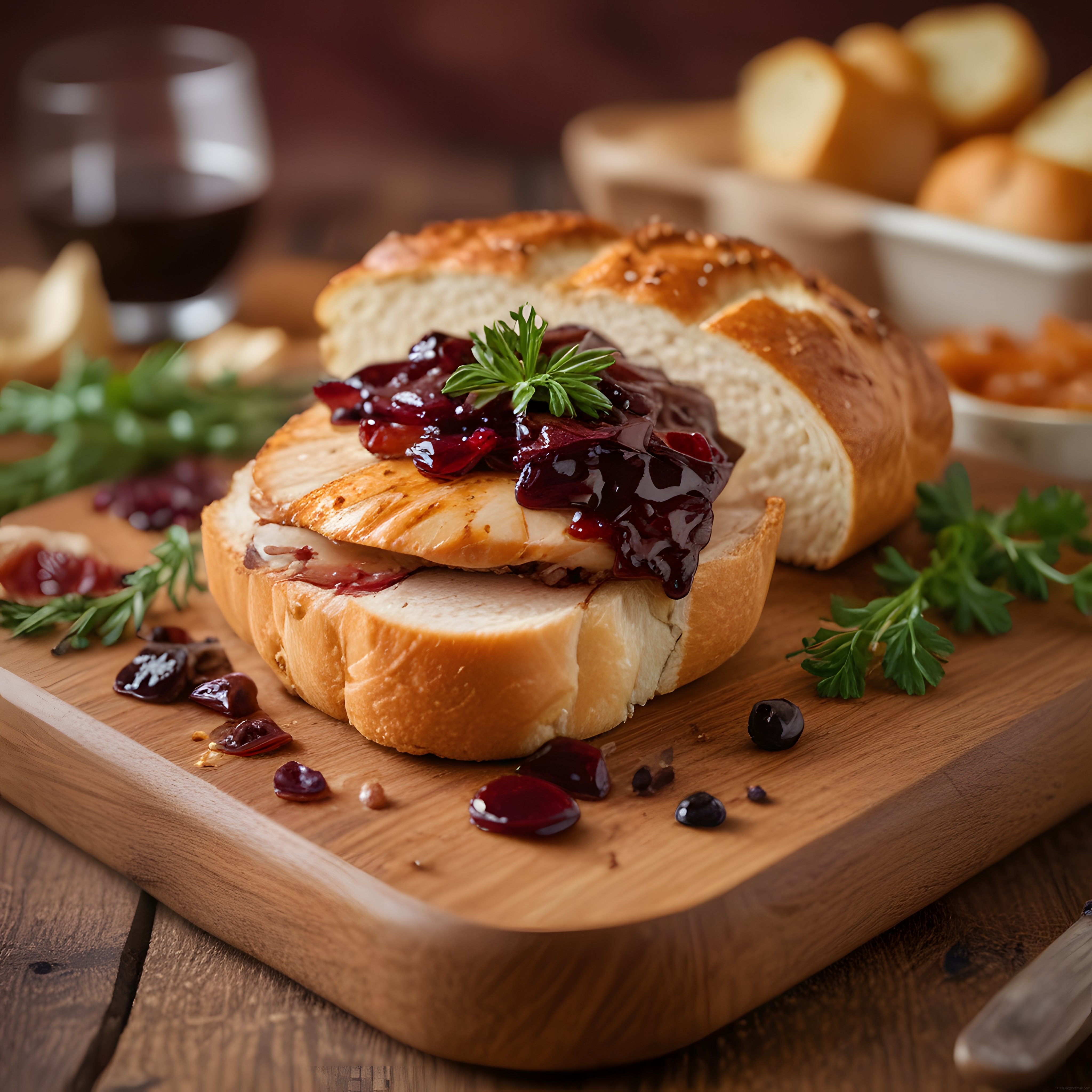 Ahşap Kesme Tahtasında Böğürtlen Soslu Kızarmış Tavuklu Bruschetta