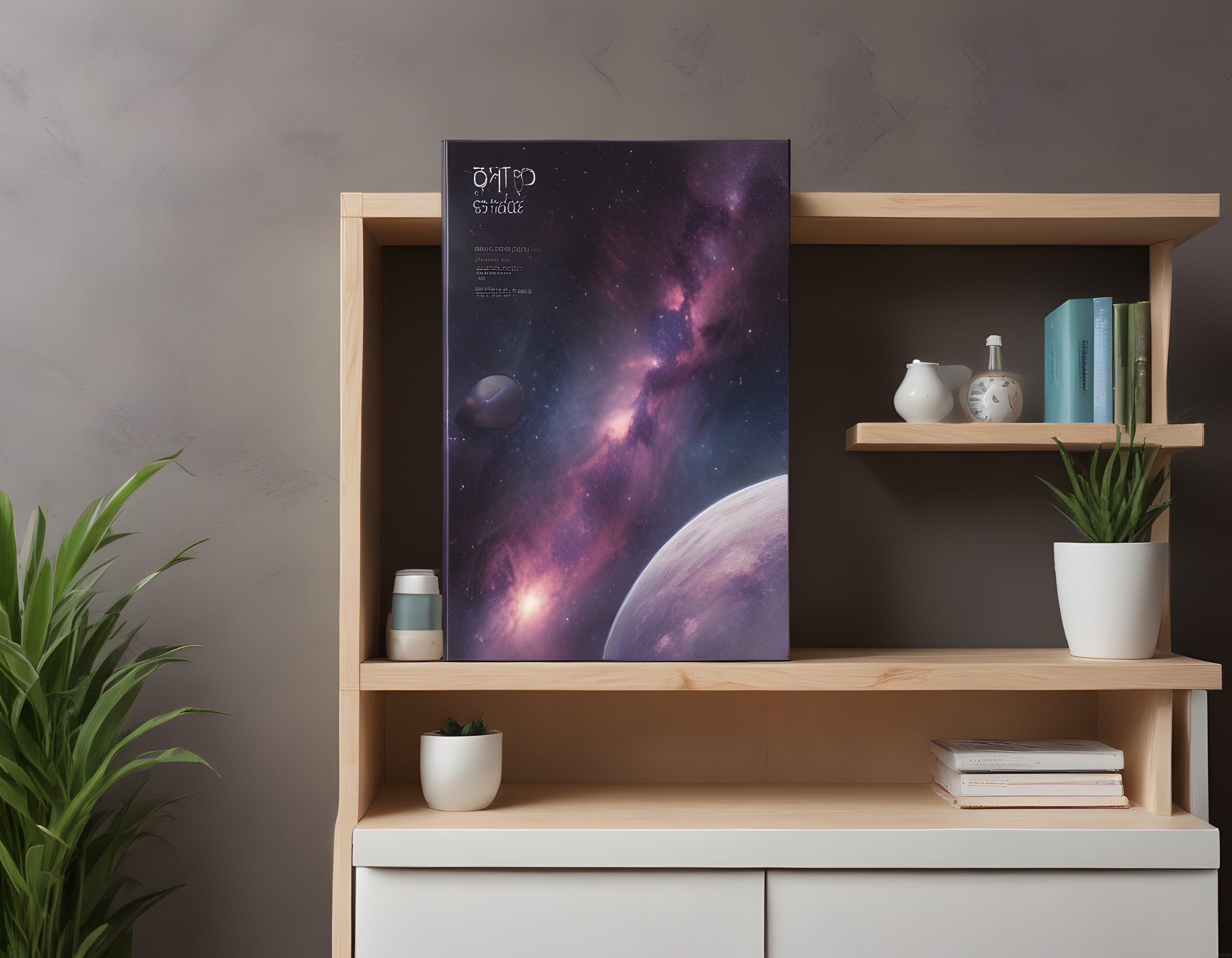 Ahşap kitaplık üzerinde mor galaksi posteri ve modern ev dekorasyonu