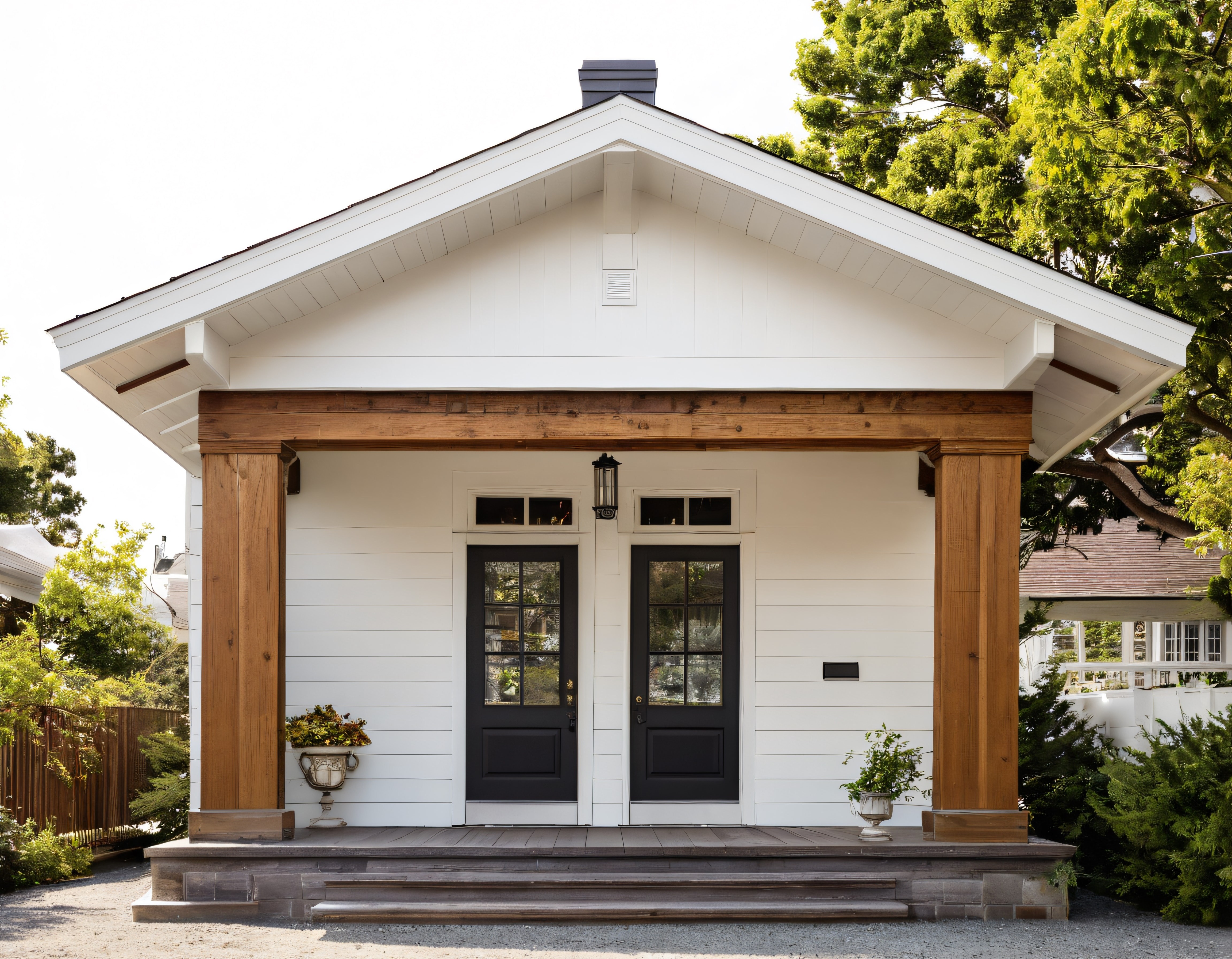 Ahşap Kolonlu Beyaz Siding Kaplamalı Modern Kır Evi Cephe Tasarımı