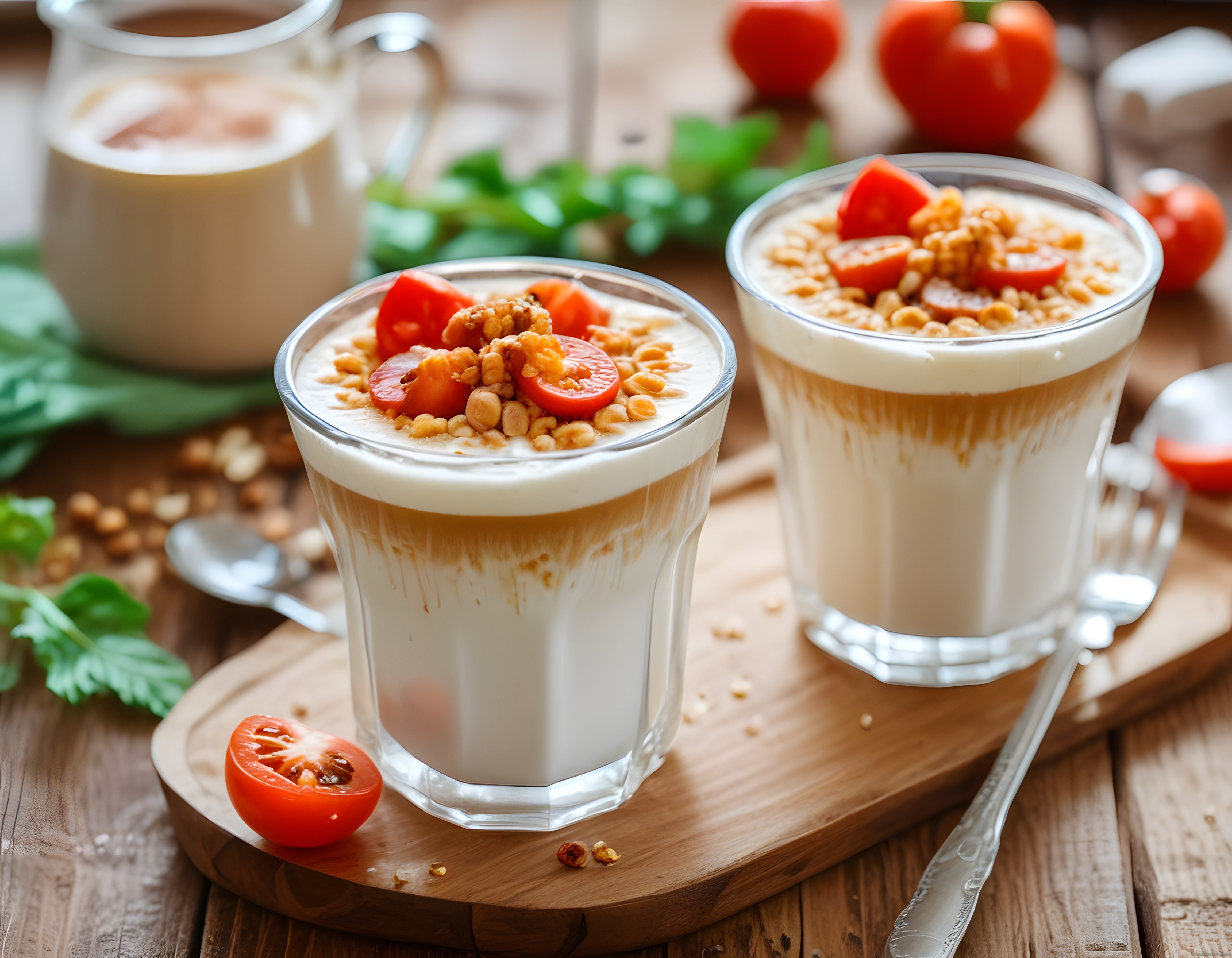 Ahşap konseptte kiraz domates ve cevizli granola süslü sütlü kahve tarifi