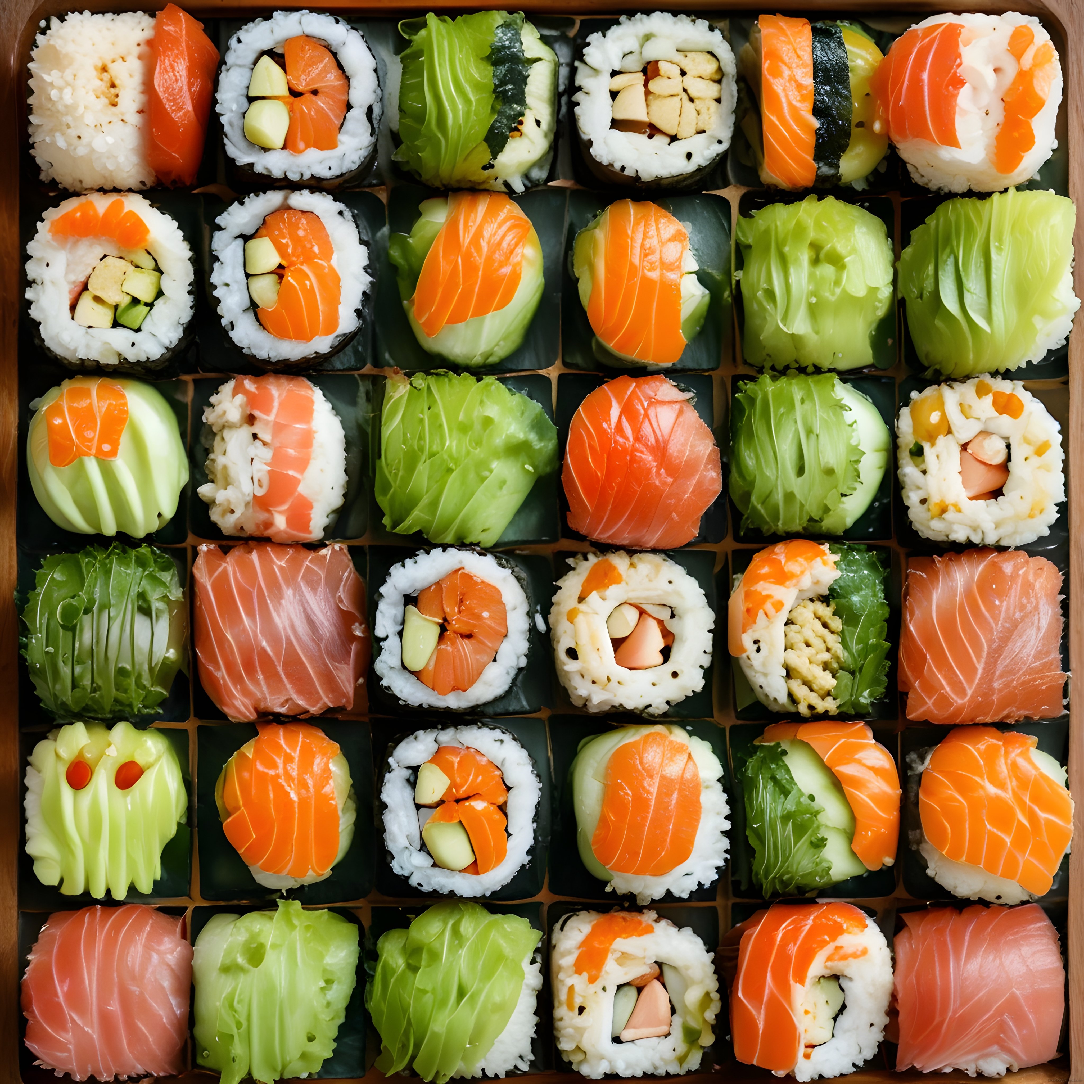 Ahşap kutuda çeşitli sushi sunumu: somonlu nigiri, avokadolu maki ve taze rulolar