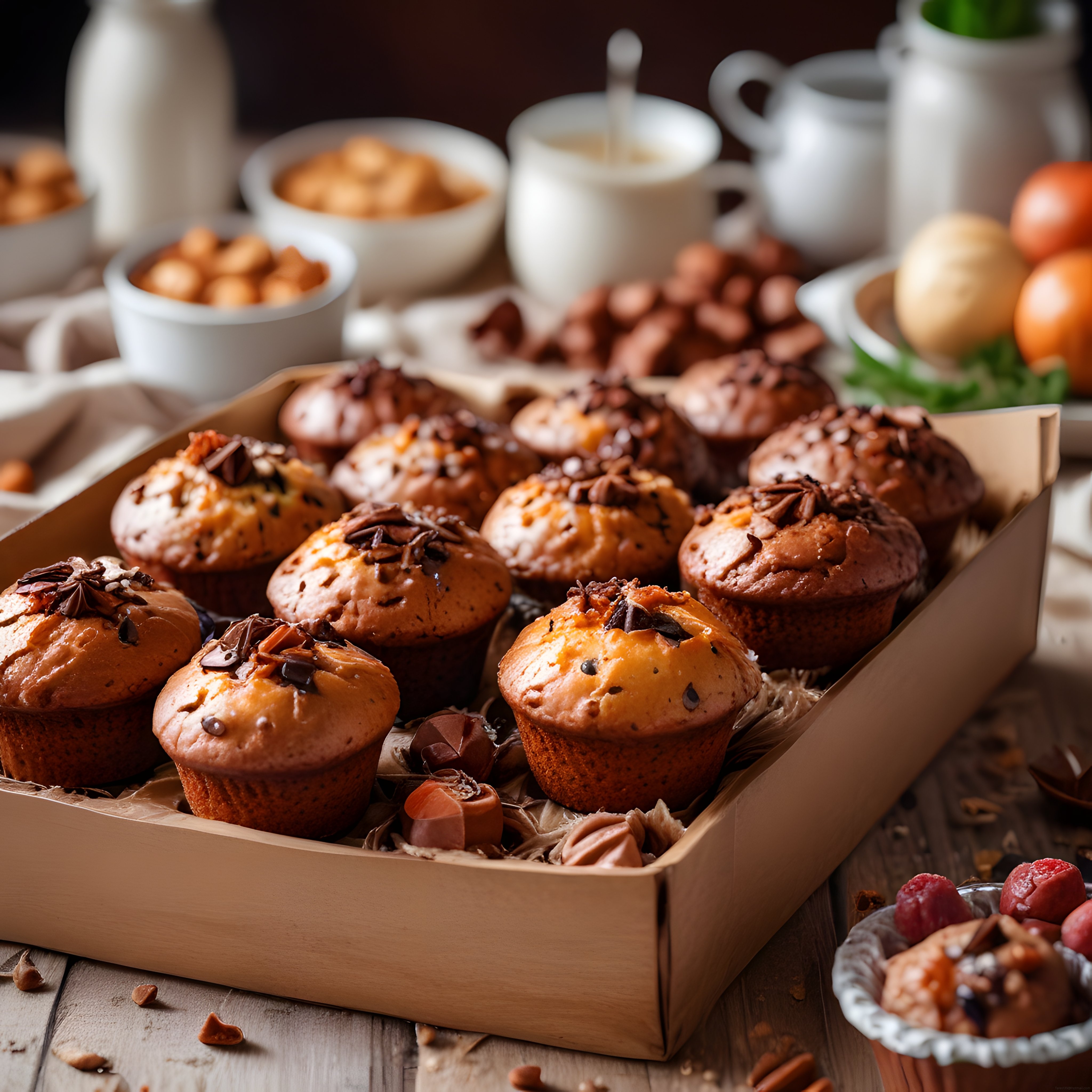 Ahşap kutuda çikolatalı muffinler ve kahvaltı sunumu ile sıcak atmosfer