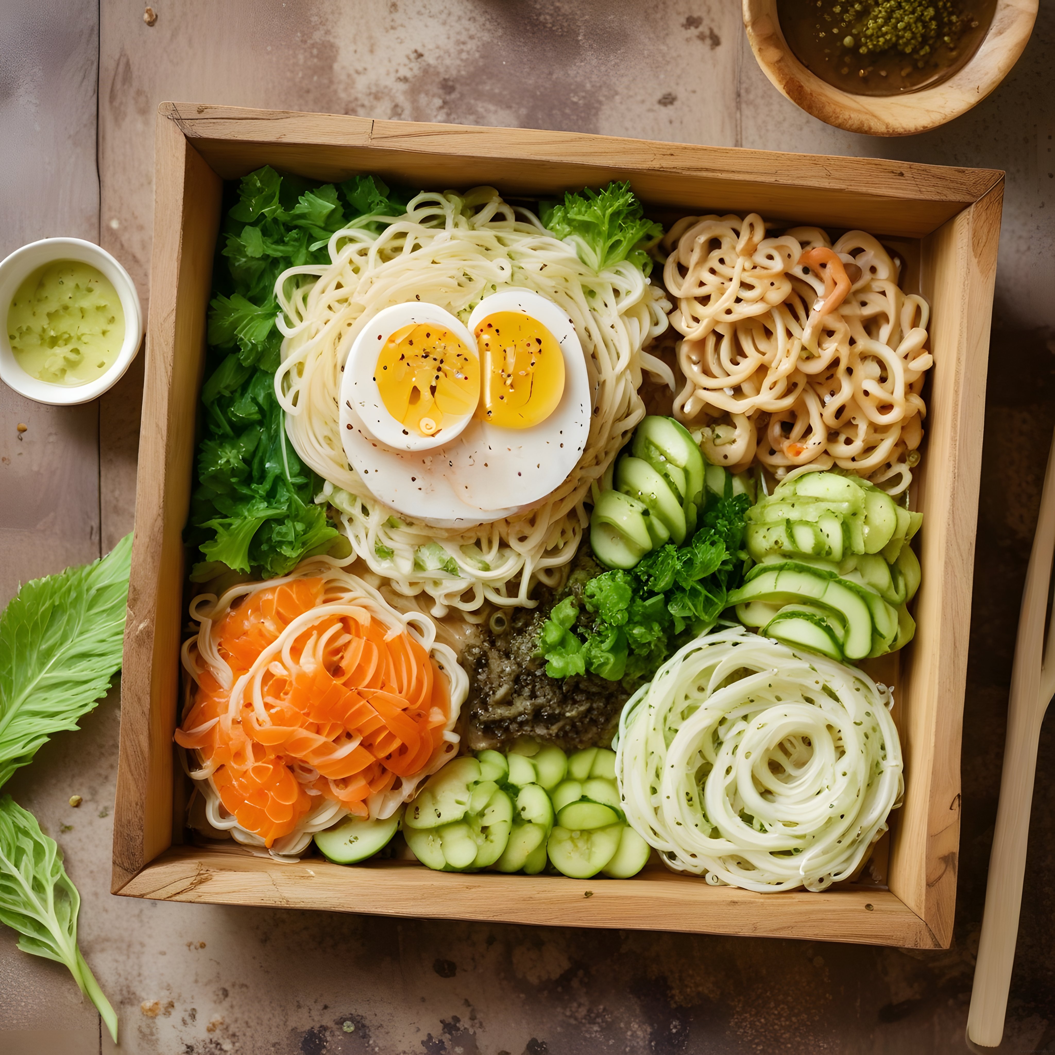 Ahşap Kutuda Renkli Sebzeli ve Erişteli Asya Noodle Kasesi Sunumu