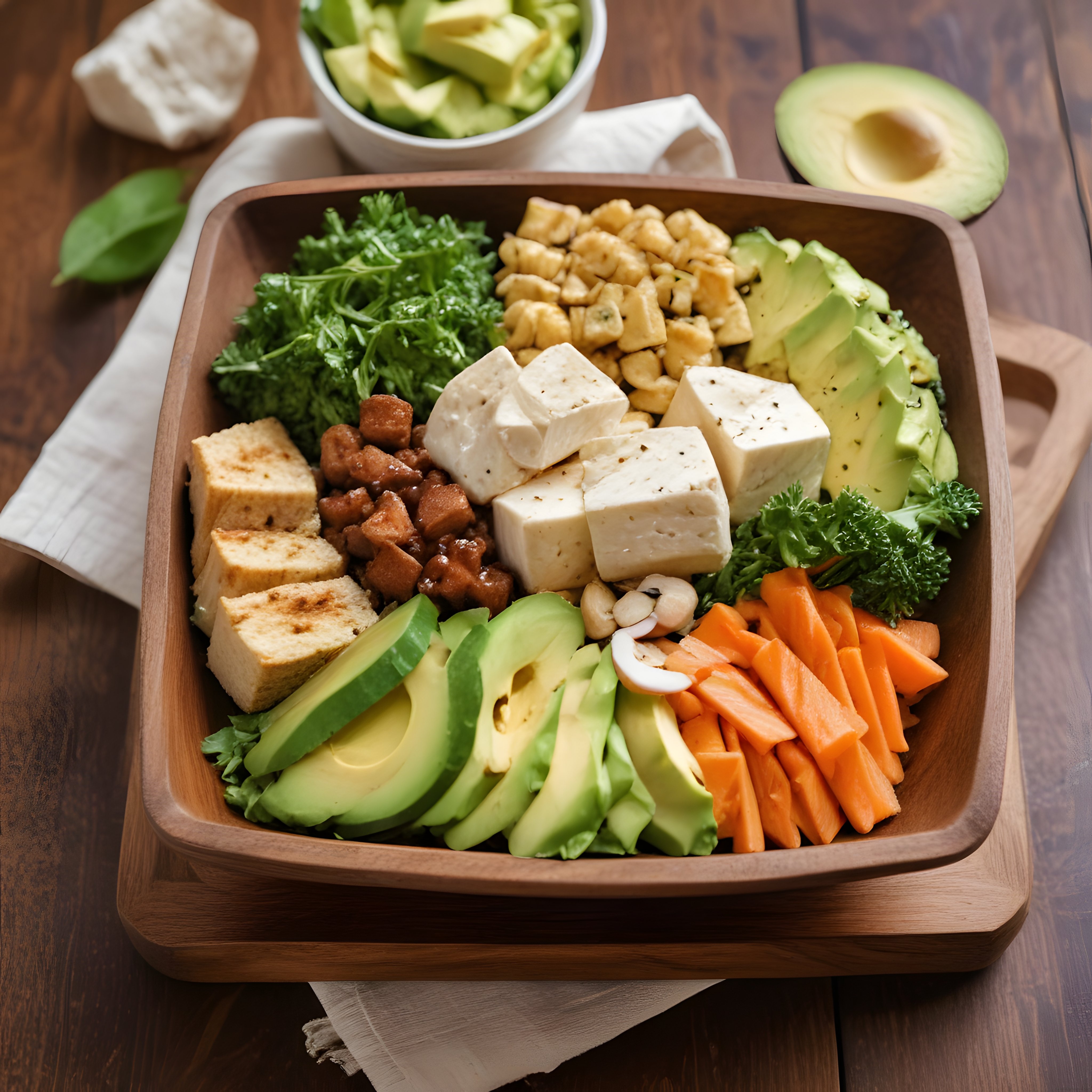Ahşap Kutuda Renkli Vegan Buda Kasesi: Avokado Tofu ve Taze Sebzeler