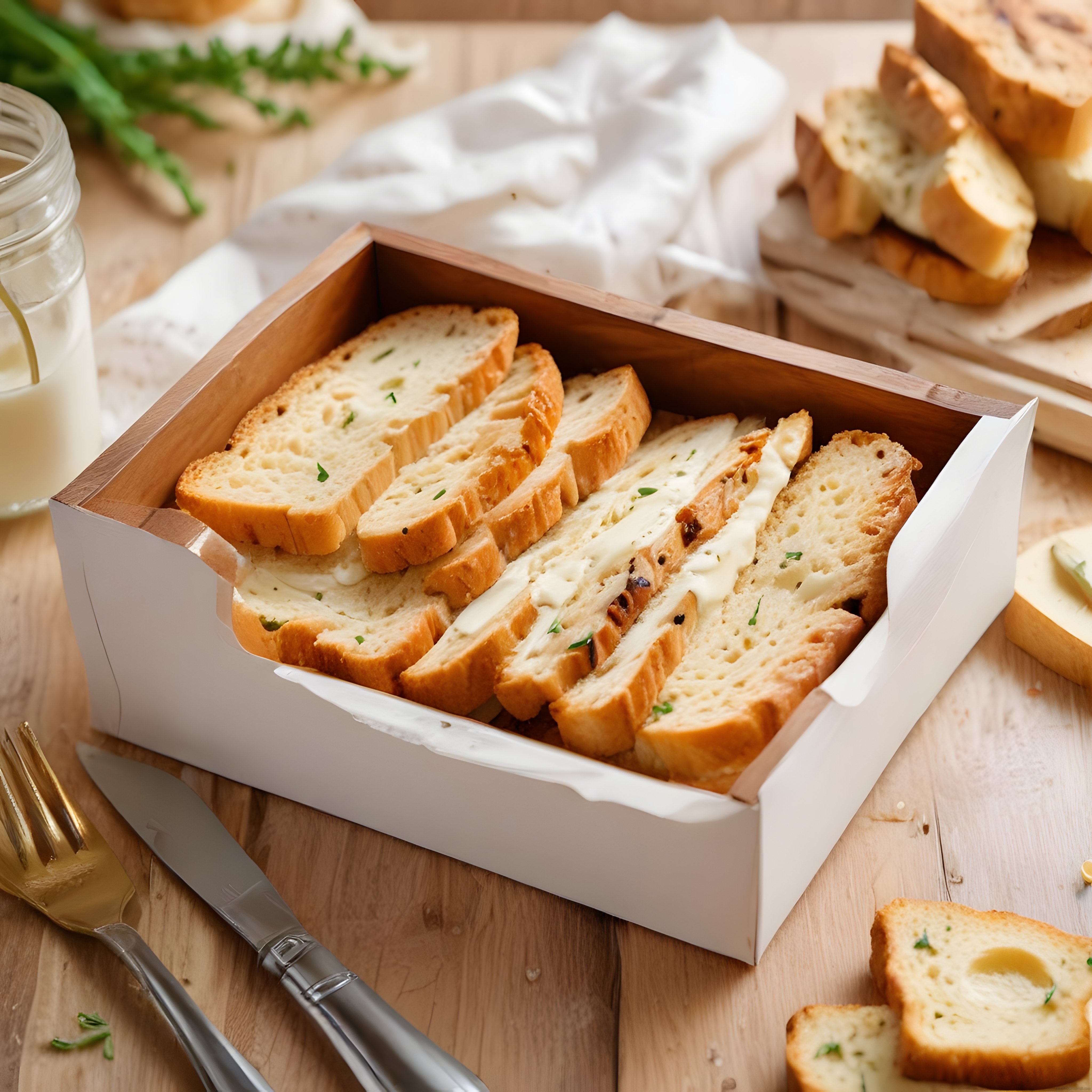 Ahşap Kutuda Tereyağlı Ekmek Dilimleri ve Kahvaltılık Sunum Masası
