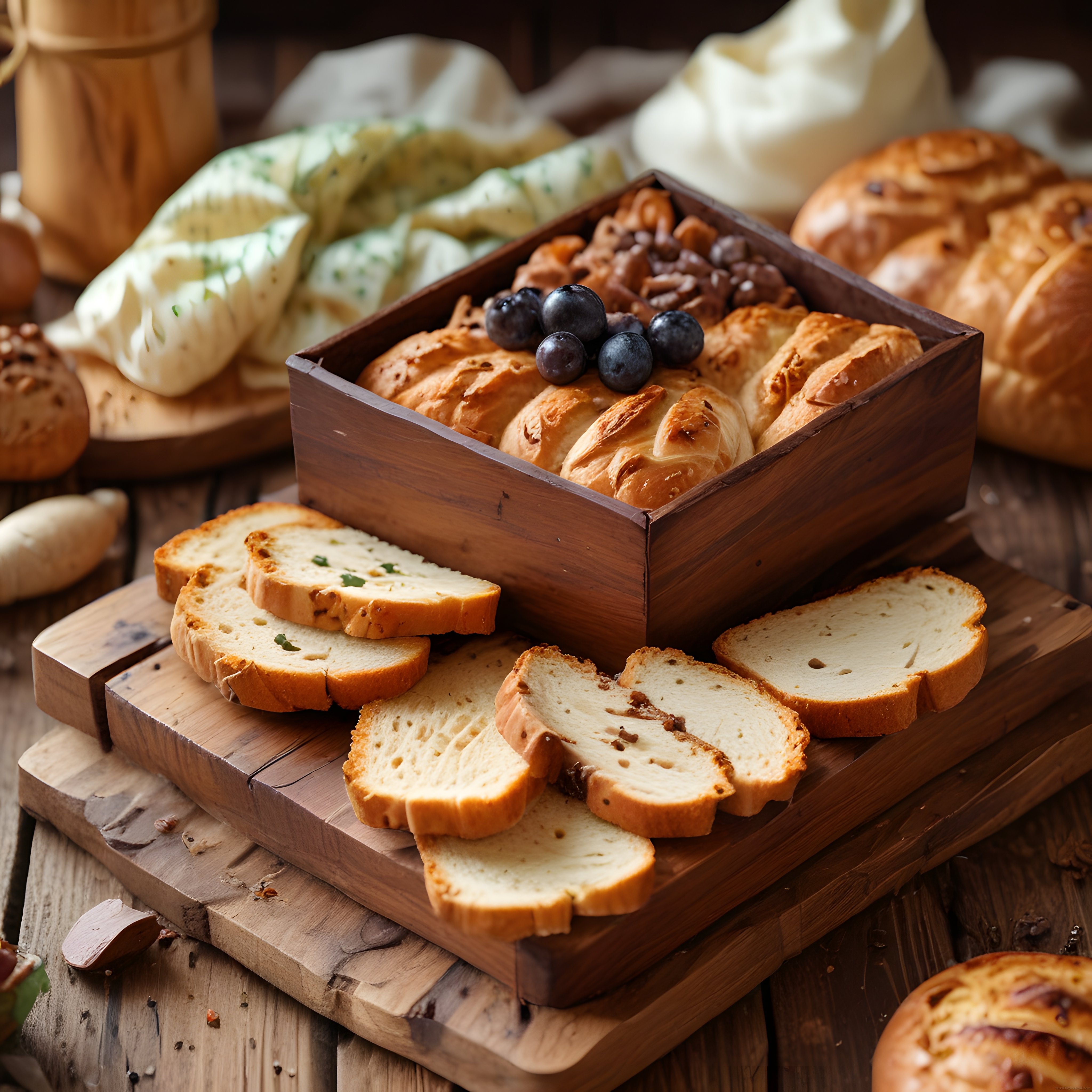 Ahşap kutuda yaban mersinli ekmek dilimleri ve taze fırın ekmekleri