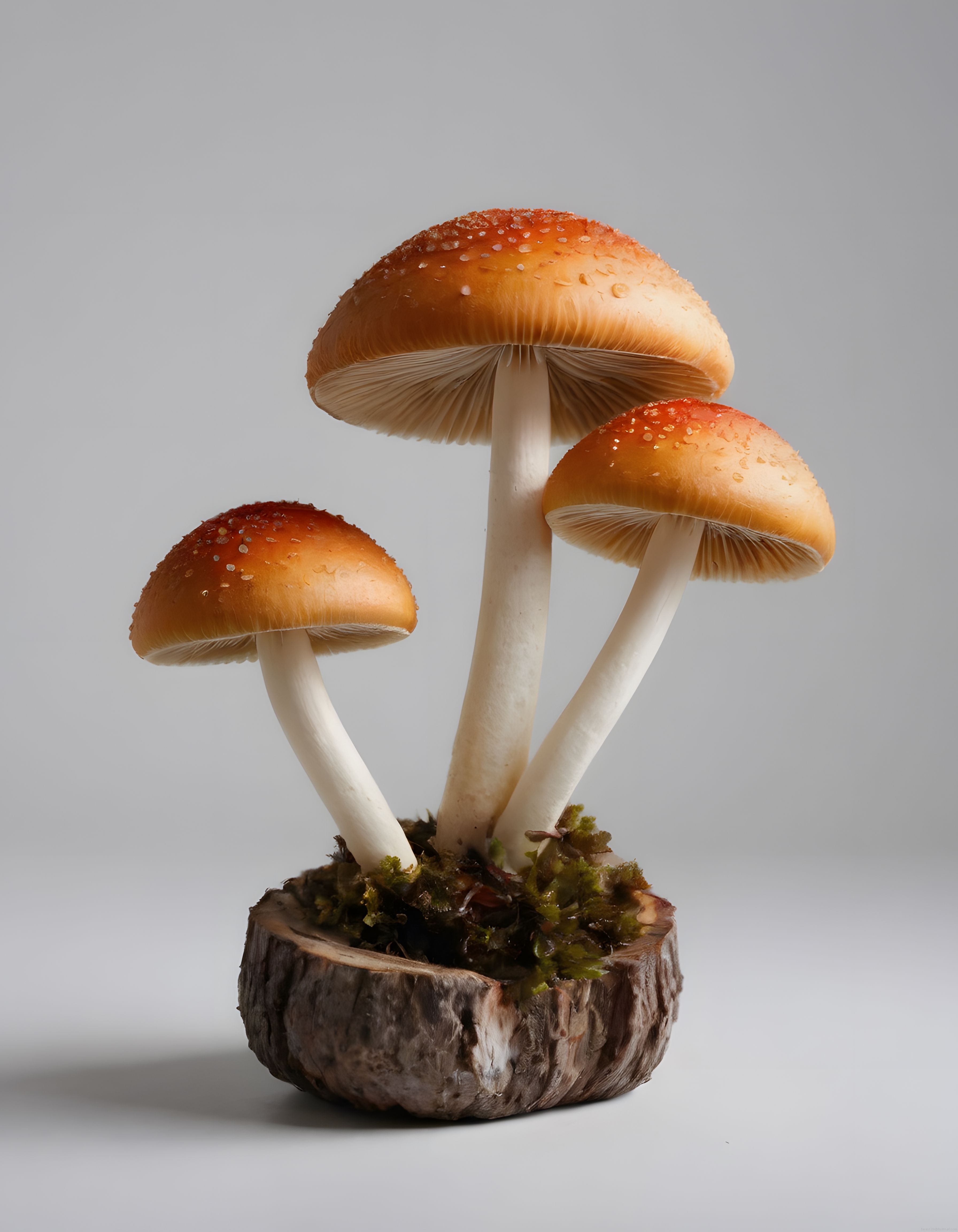 Ahşap kütükteki üç kırmızı benekli amanita mantarı stüdyo fotoğrafı