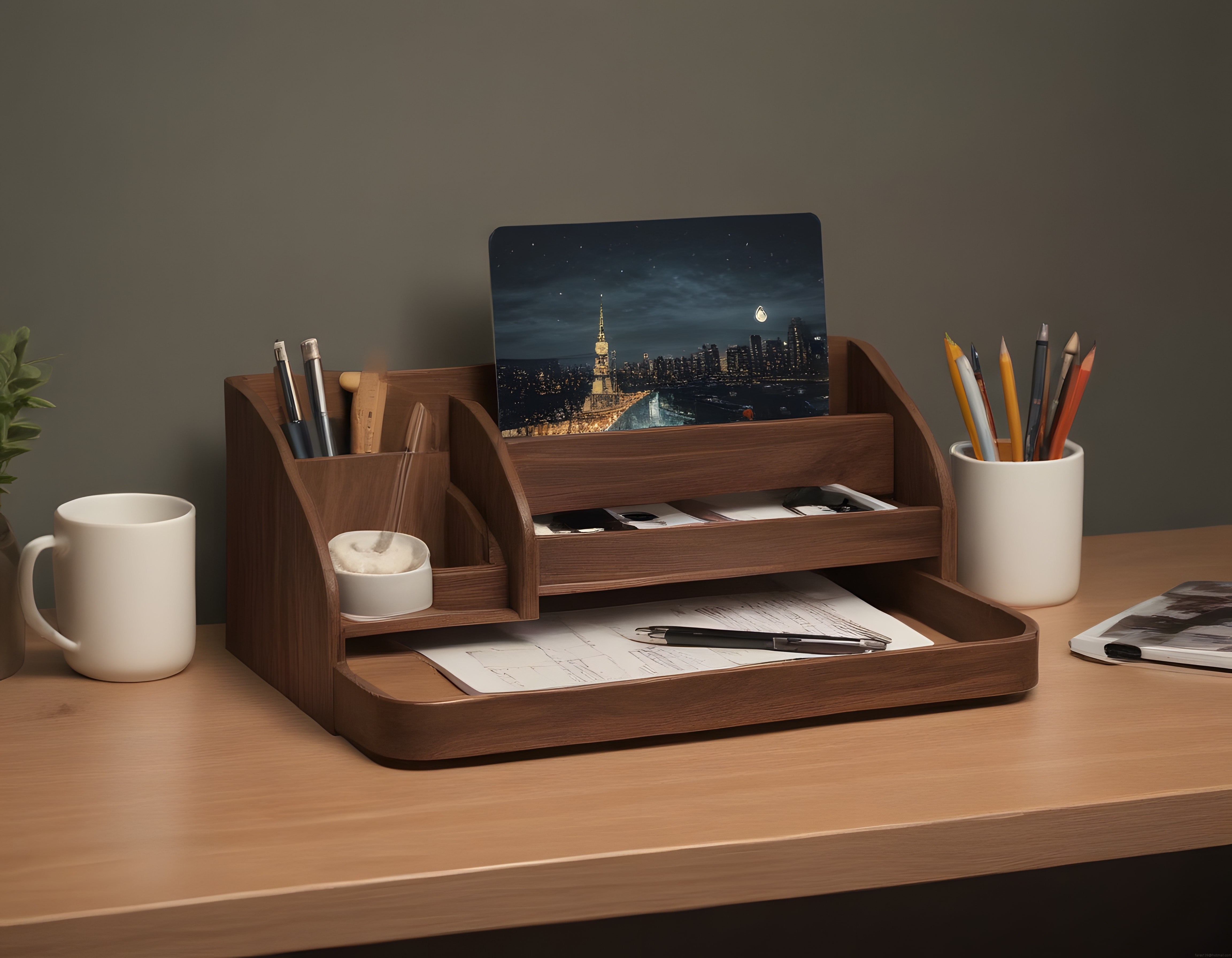 Ahşap Masa Düzenleyici ve Minimalist Ofis Aksesuarları ile Düzenli Çalışma Alanı