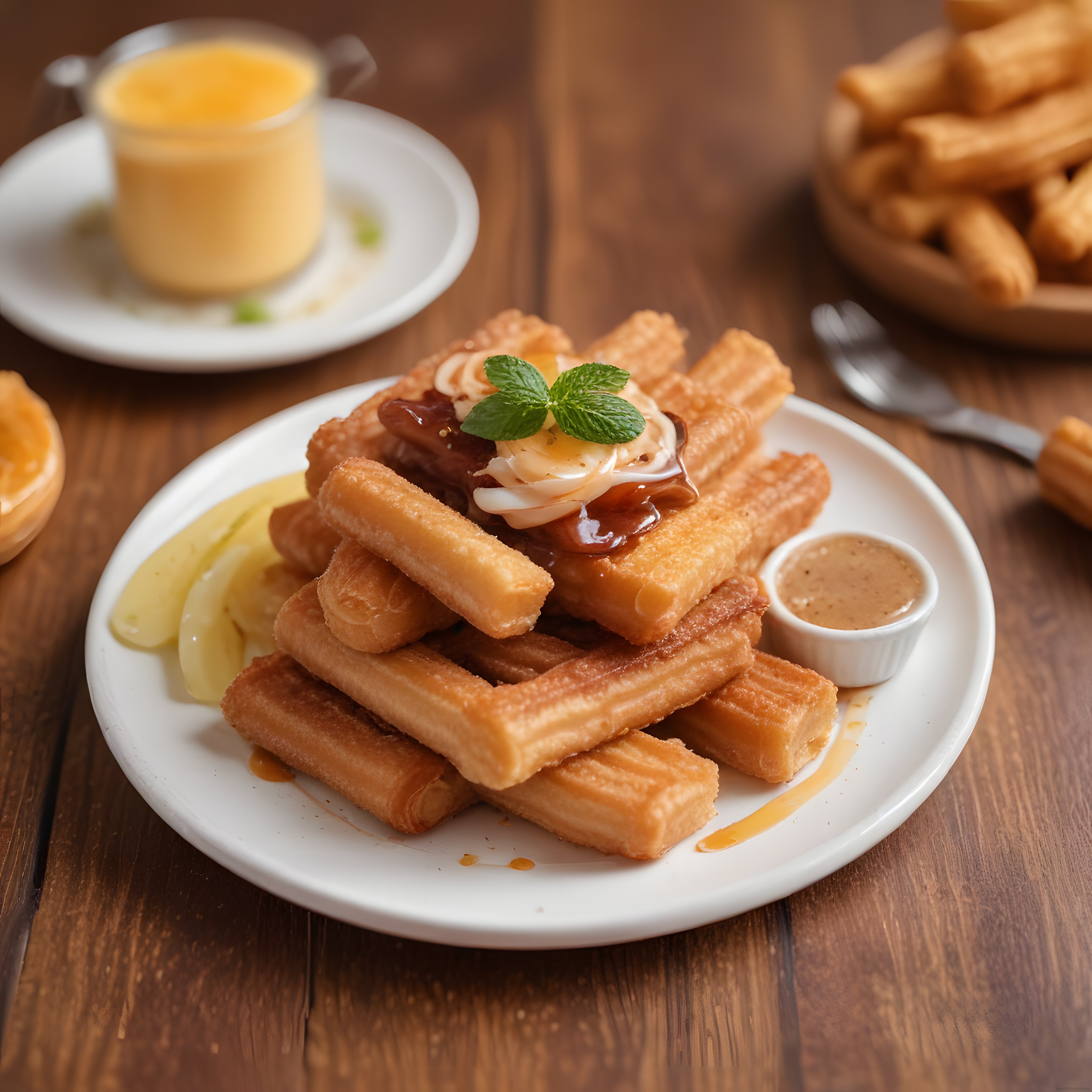 Ahşap Masa Üzerinde Altın Rengi Çıtır Churros ve Karamel Soslu Tatlı Sunumu