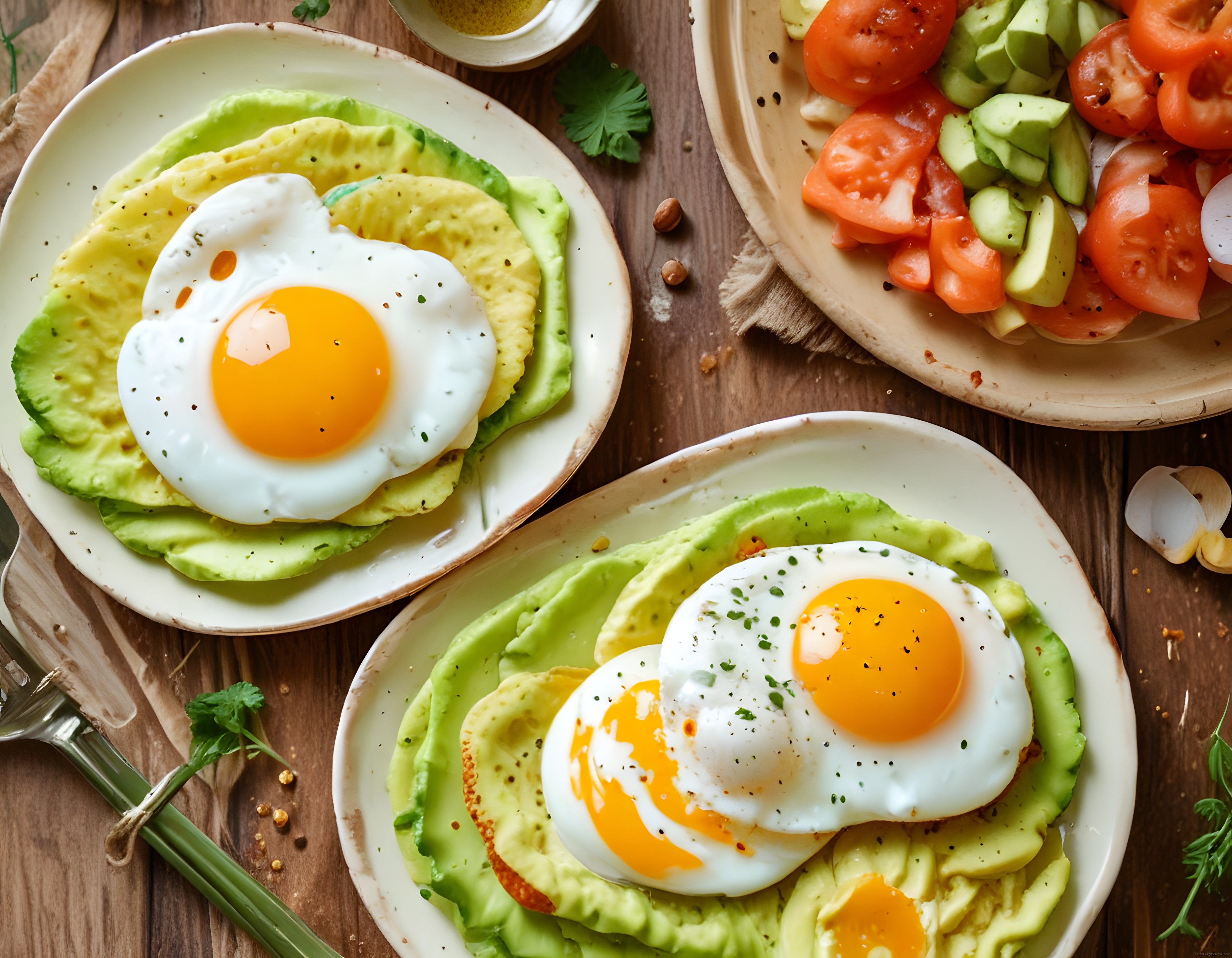 Ahşap Masa Üzerinde Avokado ve Güneşte Kızartılmış Yumurtalı Kahvaltı Sunumu