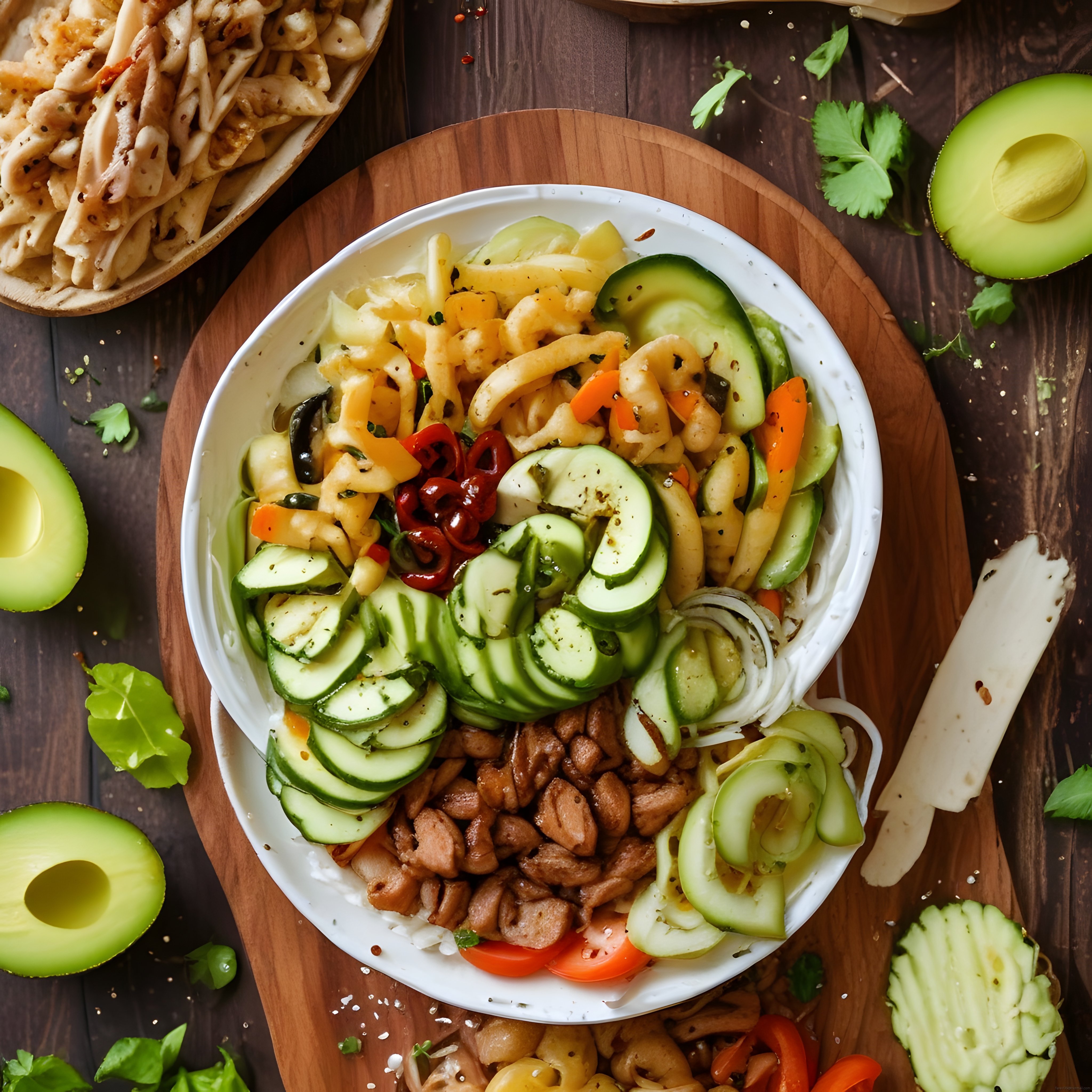 Ahşap Masa Üzerinde Avokadolu ve Bol Sebzeli Sağlıklı Buddha Bowl Sunumu