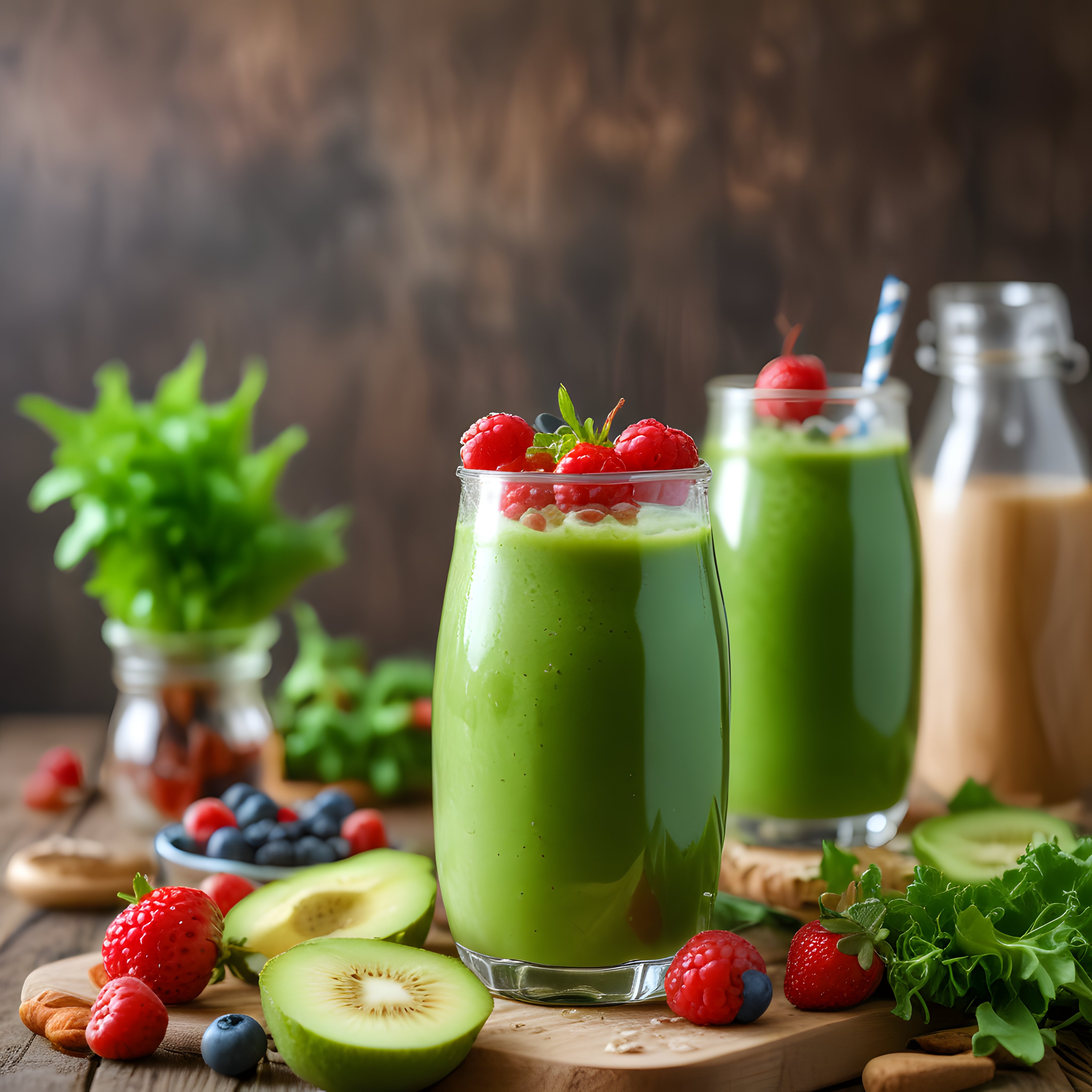 Ahşap Masa Üzerinde Avokadolu Yeşil Smoothie ve Taze Orman Meyveleri Sunumu