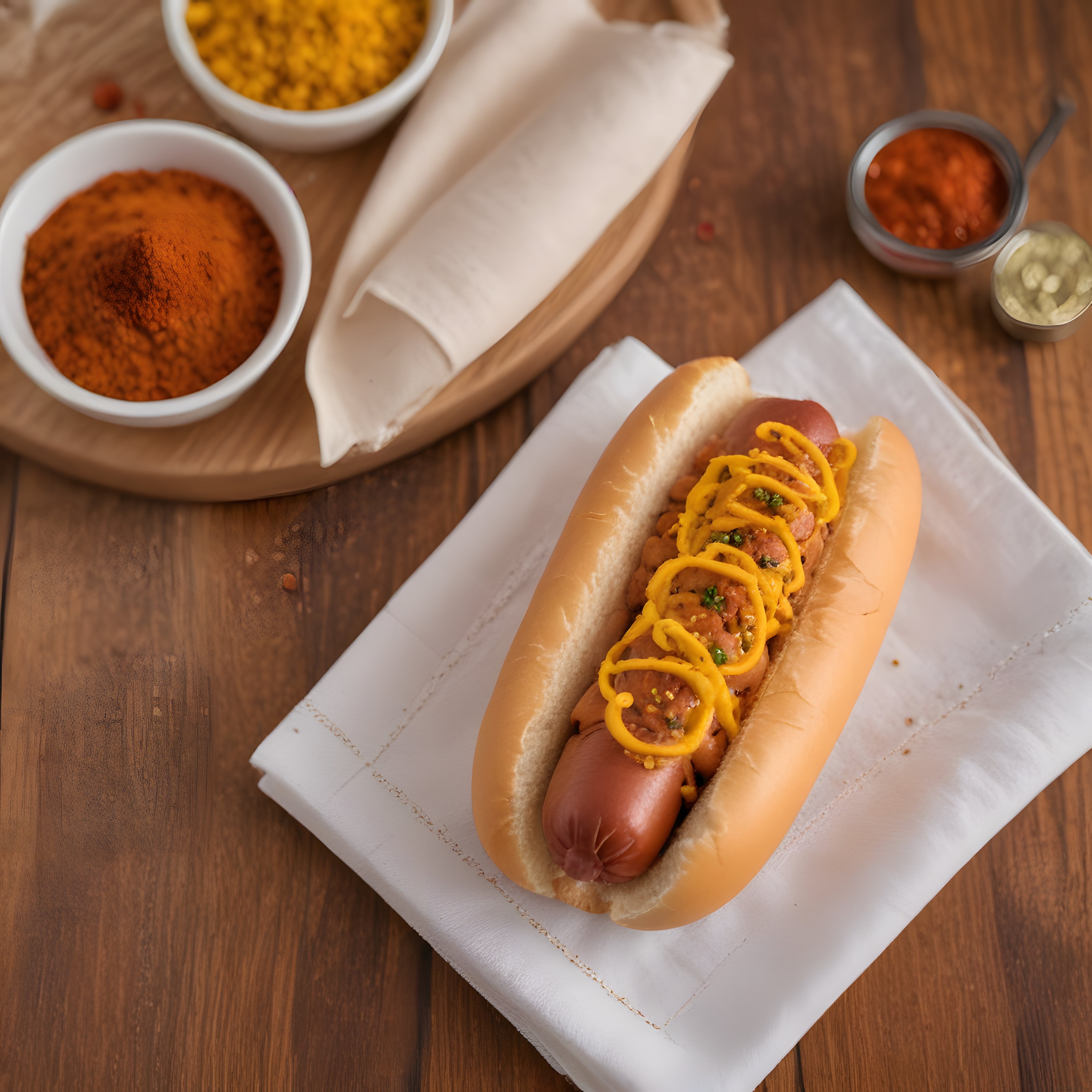 Ahşap Masa Üzerinde Baharatlar Eşliğinde Soslu ve Hardallı Klasik Hot Dog