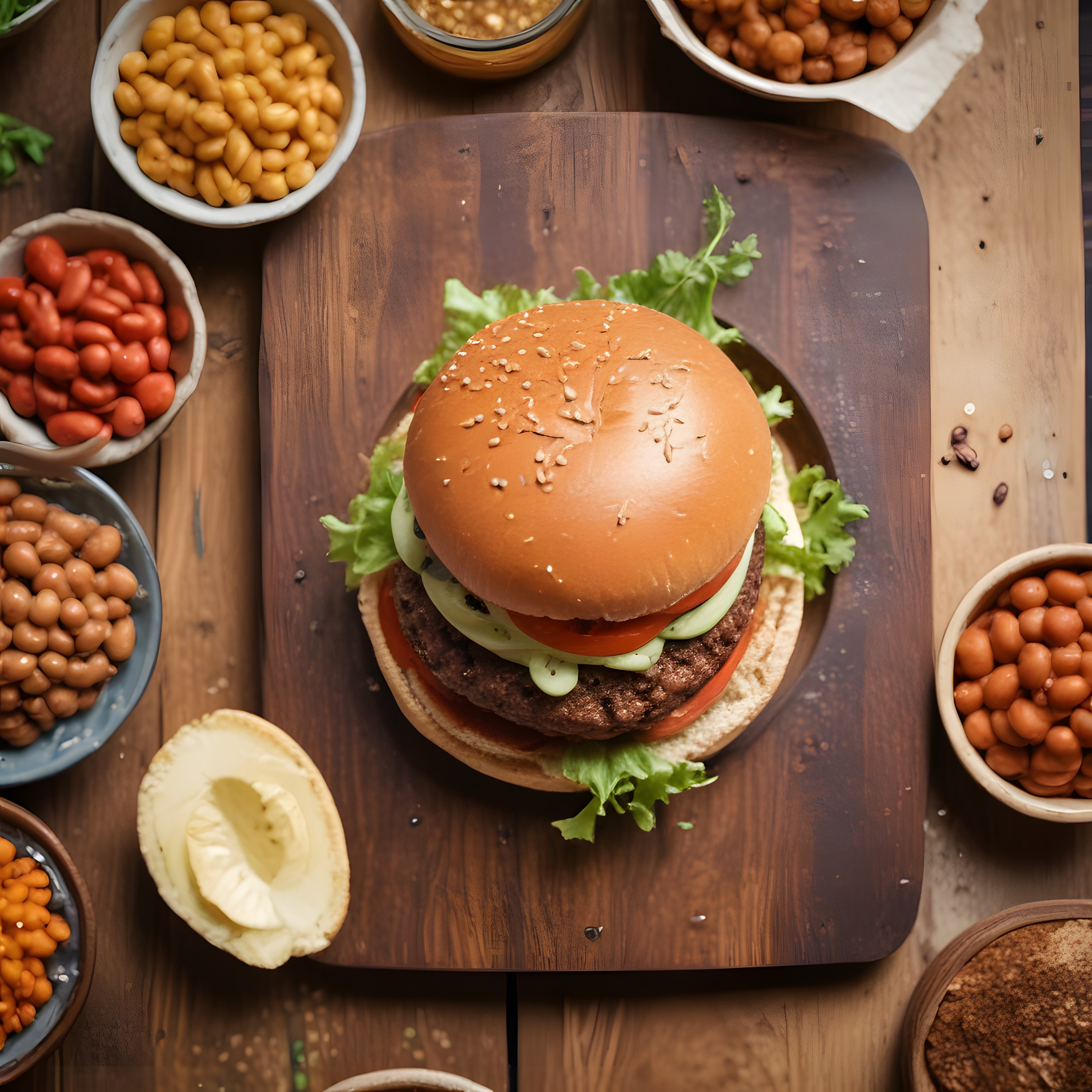 Ahşap Masa Üzerinde Baklagiller ve Avokado ile Sunulan Hamburger Menüsü