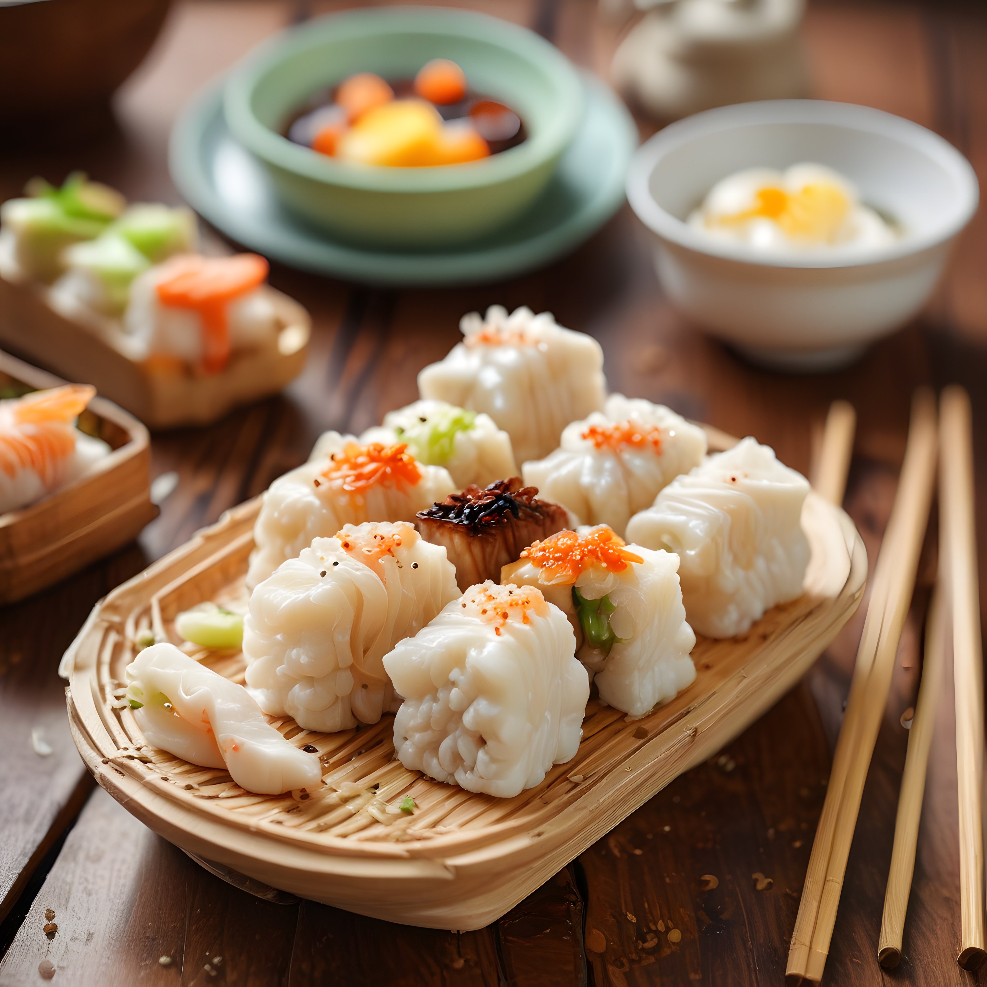 Ahşap Masa Üzerinde Bambu Buharda Çeşitli Dim Sum ve Çin Mantısı Sunumu