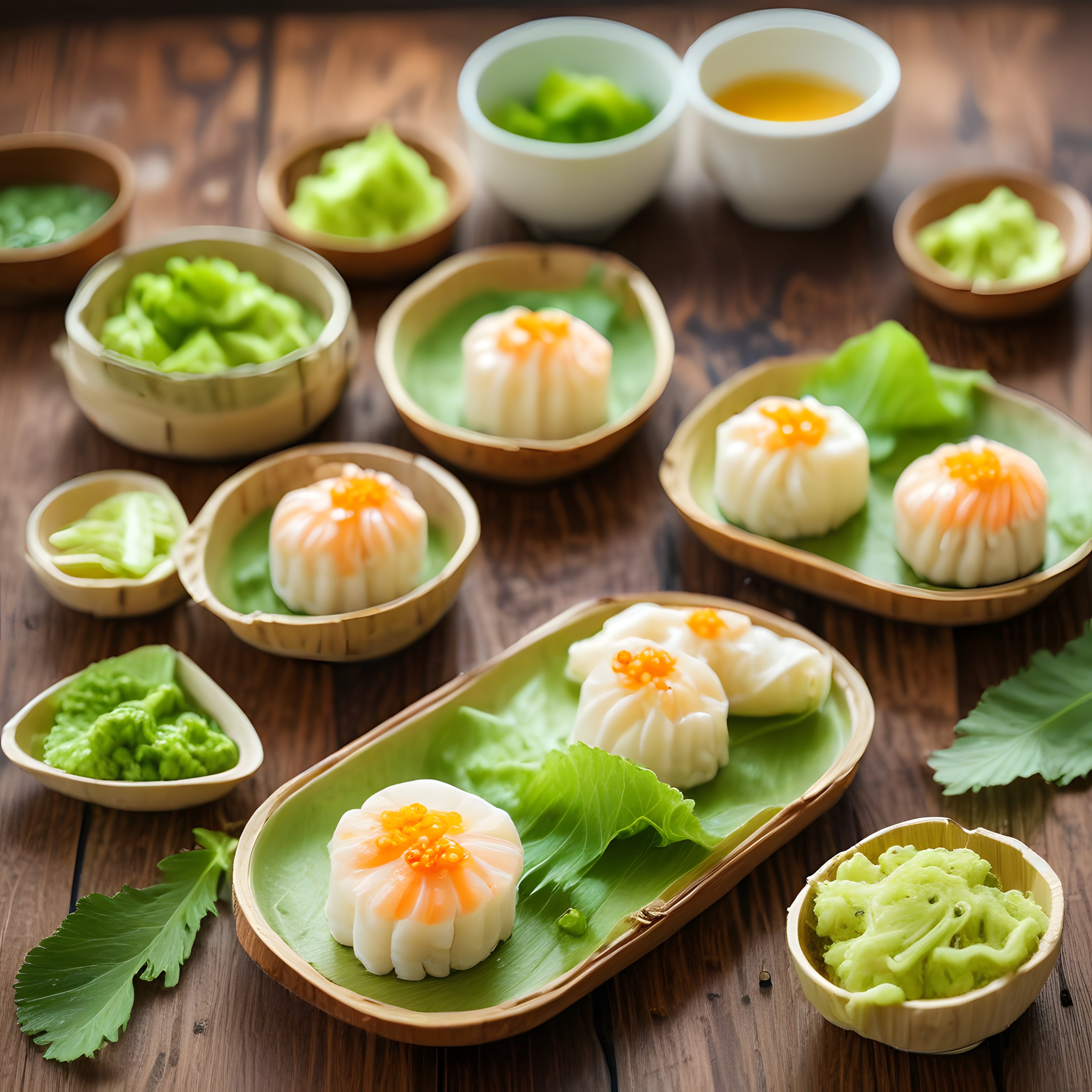 Ahşap Masa Üzerinde Bambu Kaselerde Sunulan Taze Dim Sum ve Yeşil Erişte