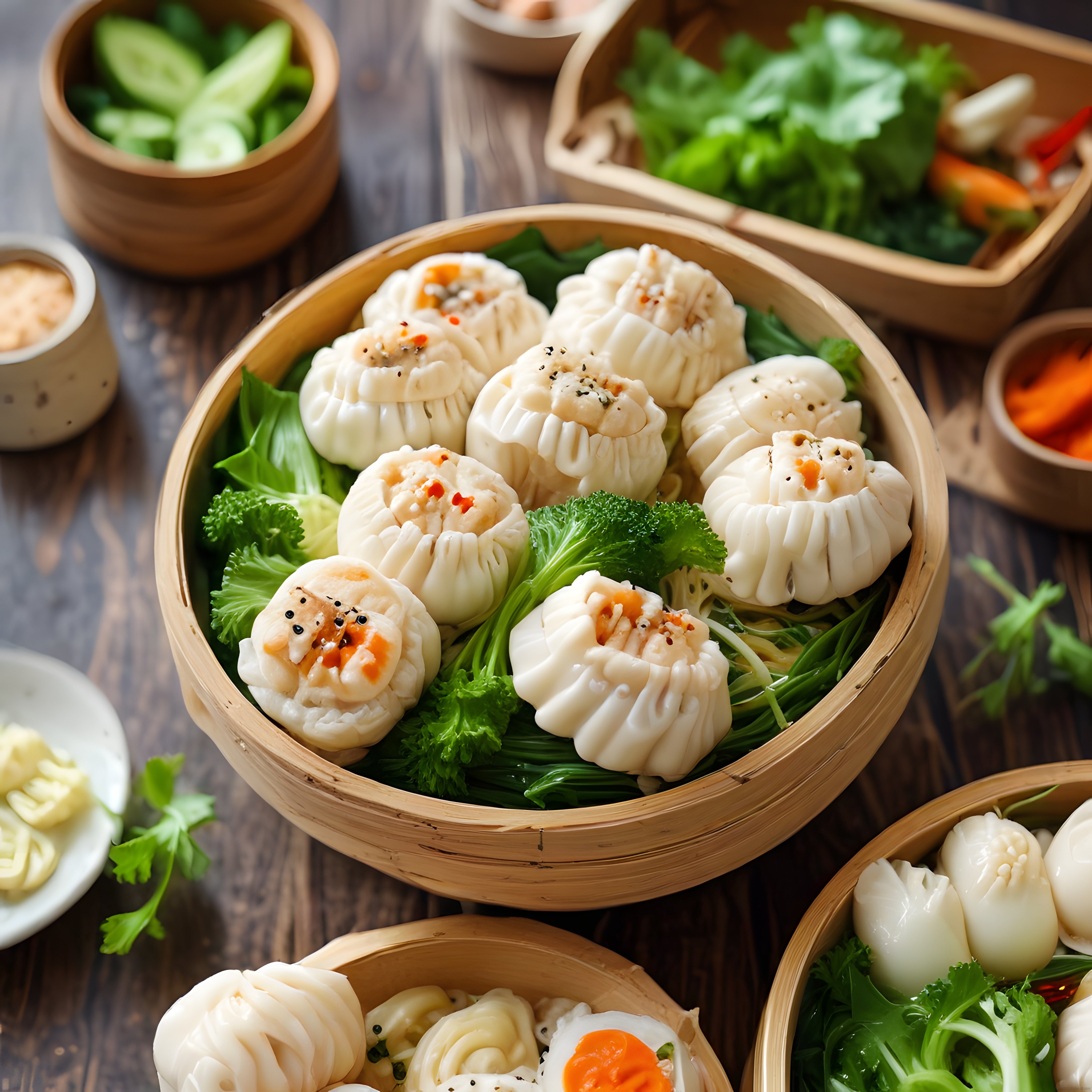 Ahşap Masa Üzerinde Bambu Sepetlerde Karidesli Dim Sum ve Çin Mantıları