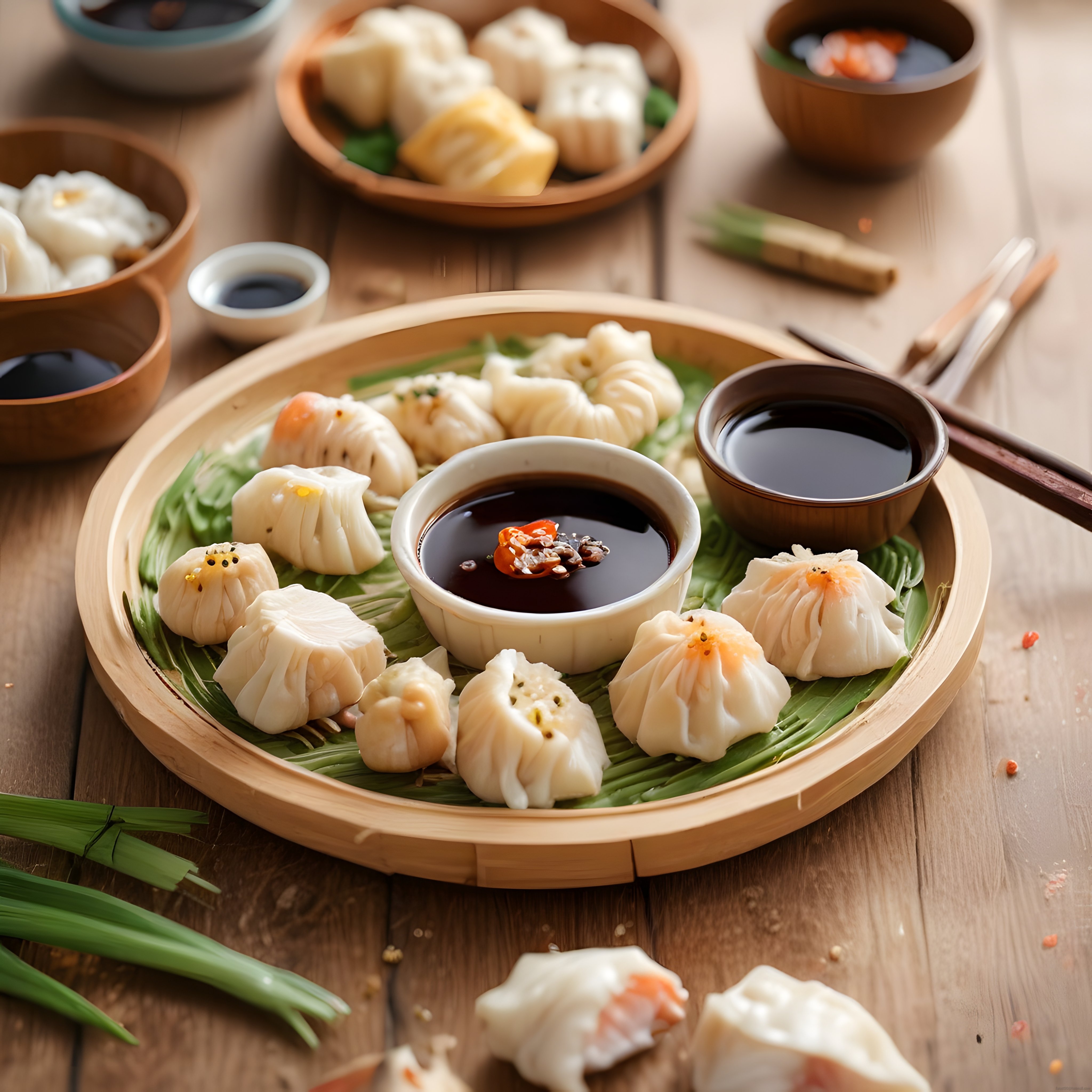 Ahşap Masa Üzerinde Bambu Sepetlerde Sunulan Buharda Pişmiş Dim Sum Çeşitleri