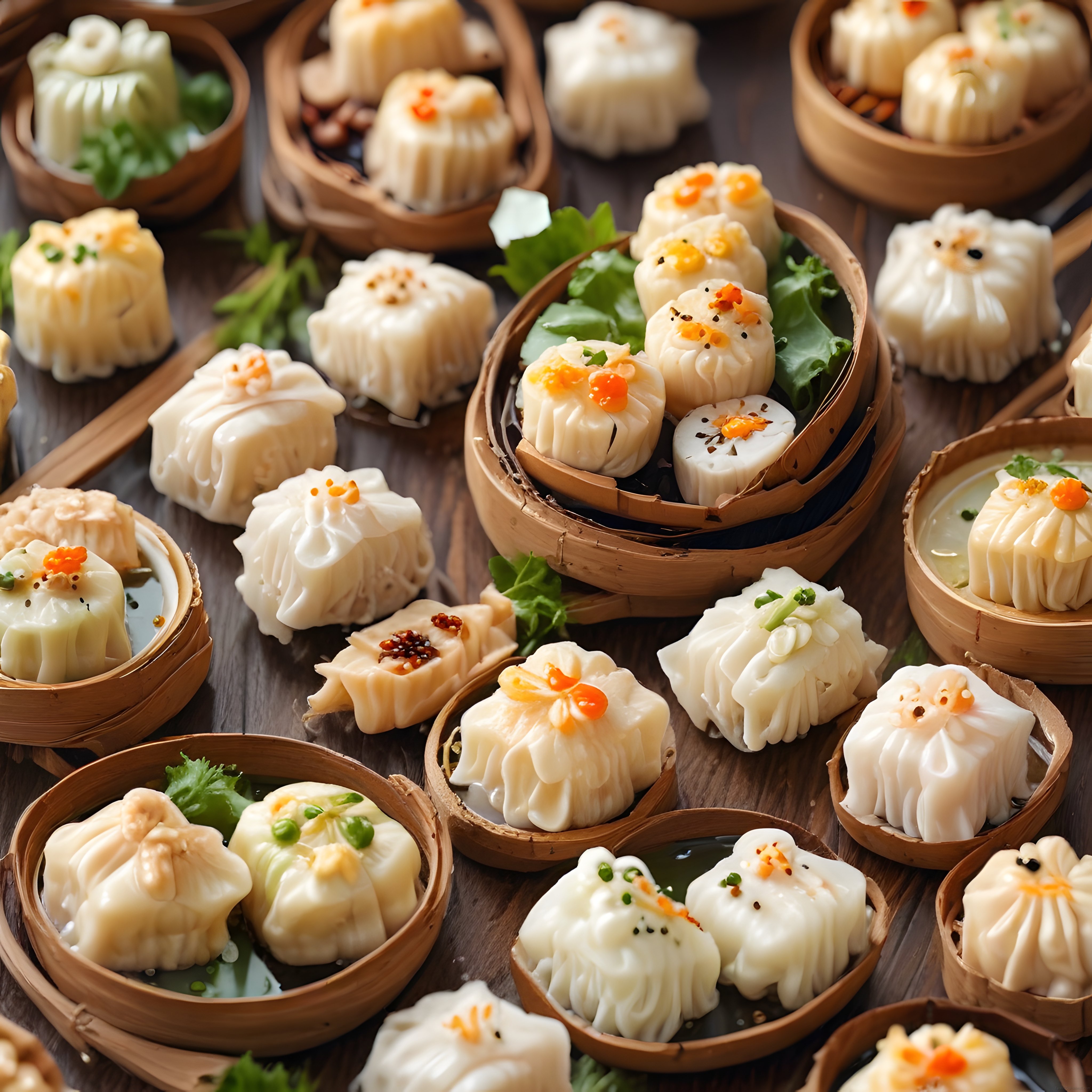 Ahşap Masa Üzerinde Bambu Sepetlerle Sunulan Geleneksel Çin Dim Sum Çeşitleri