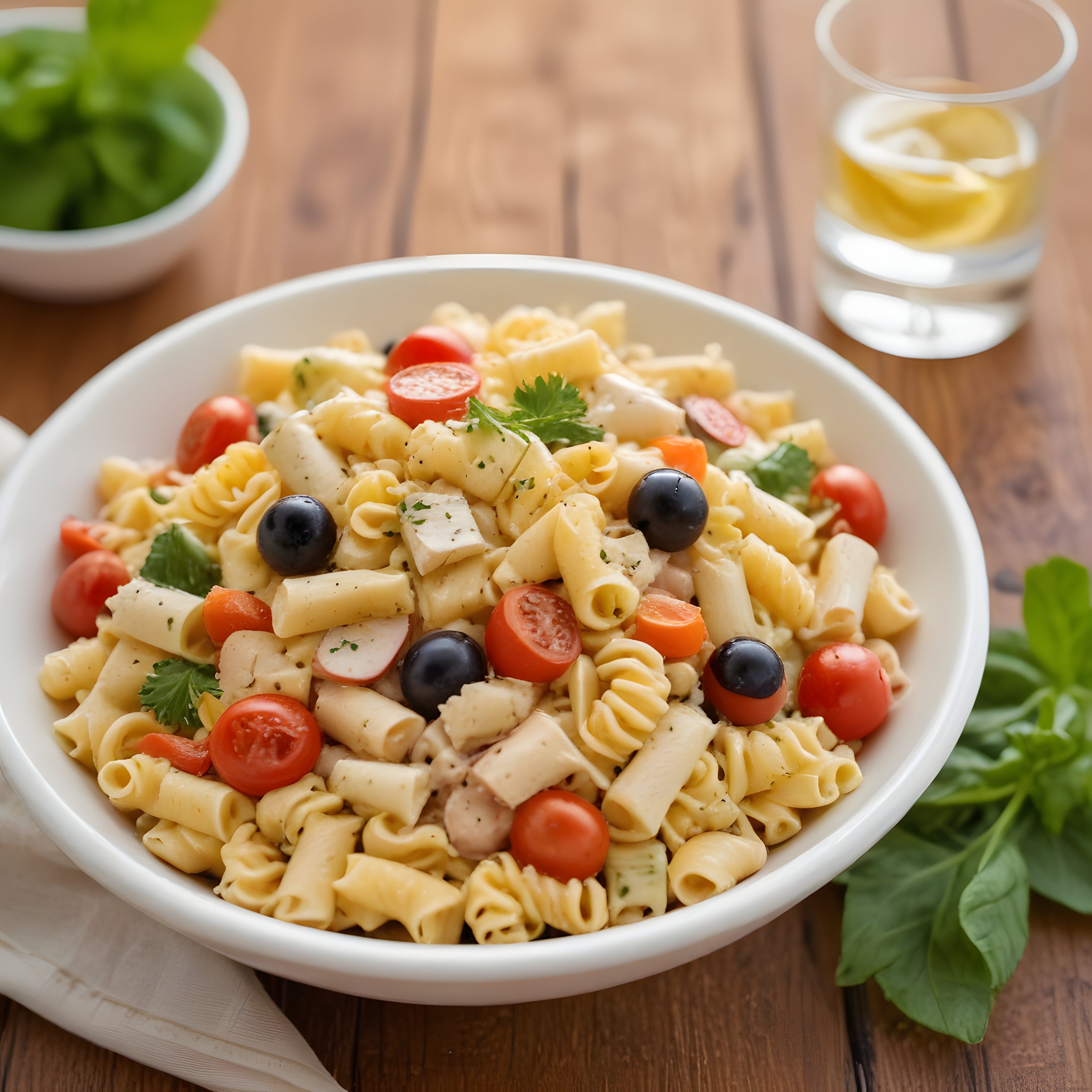 ahşap masa üzerinde beyaz kapta taze domates ve zeytinli makarna salatası