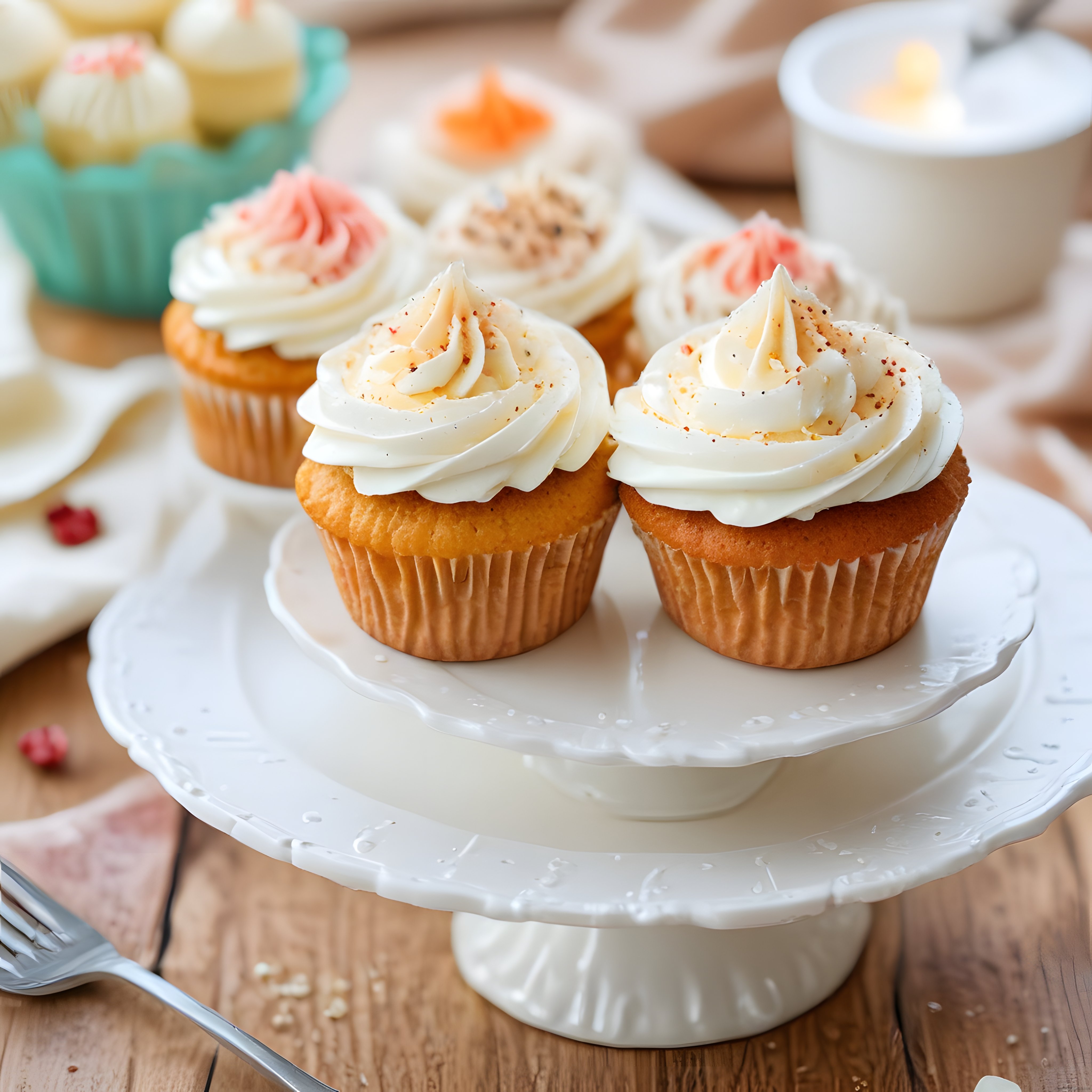 Ahşap masa üzerinde beyaz kremalı cupcake'ler ve mum ışığında romantik sunum