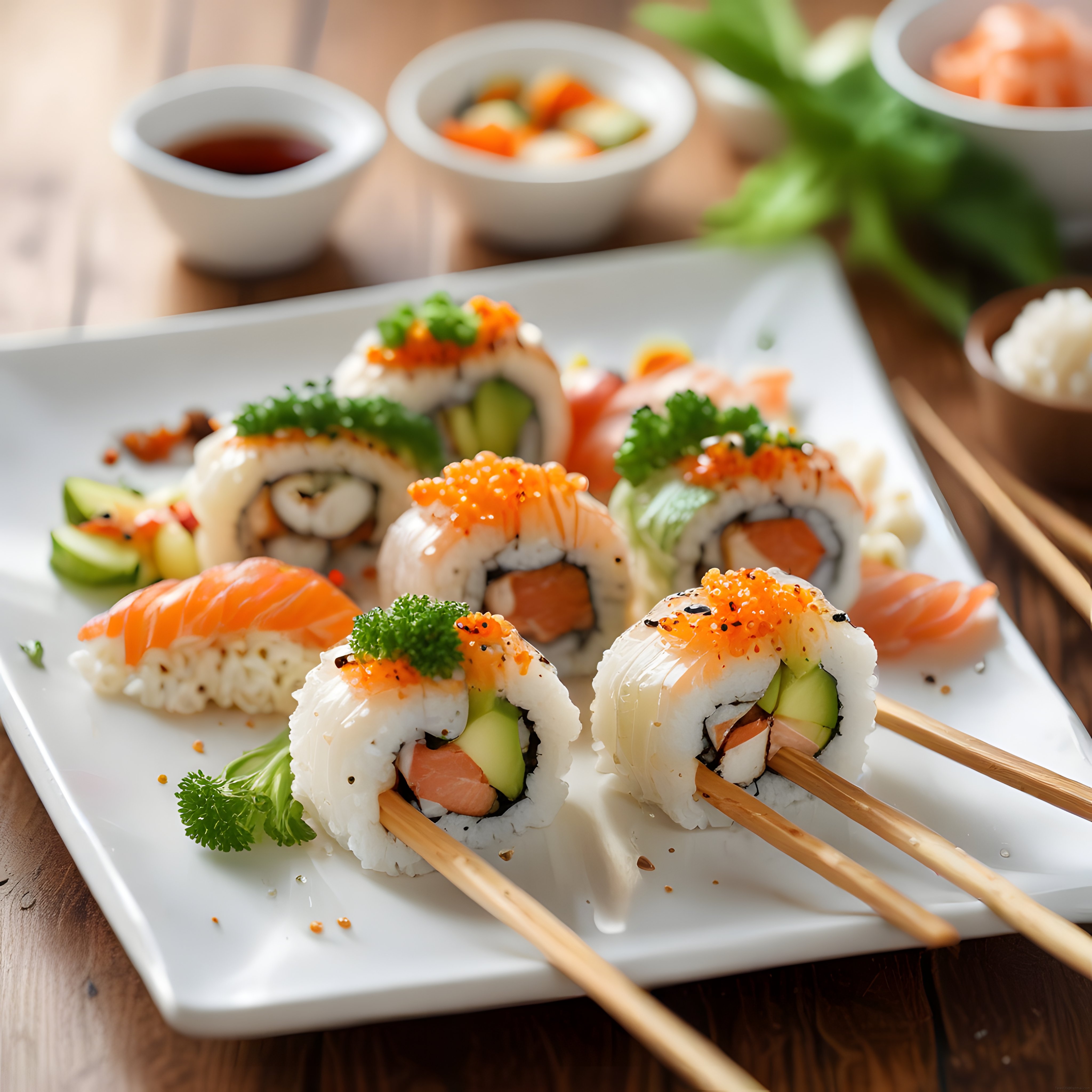 Ahşap Masa Üzerinde Beyaz Porselen Tabakta Renkli Sushi Çeşitleri ve Soslar