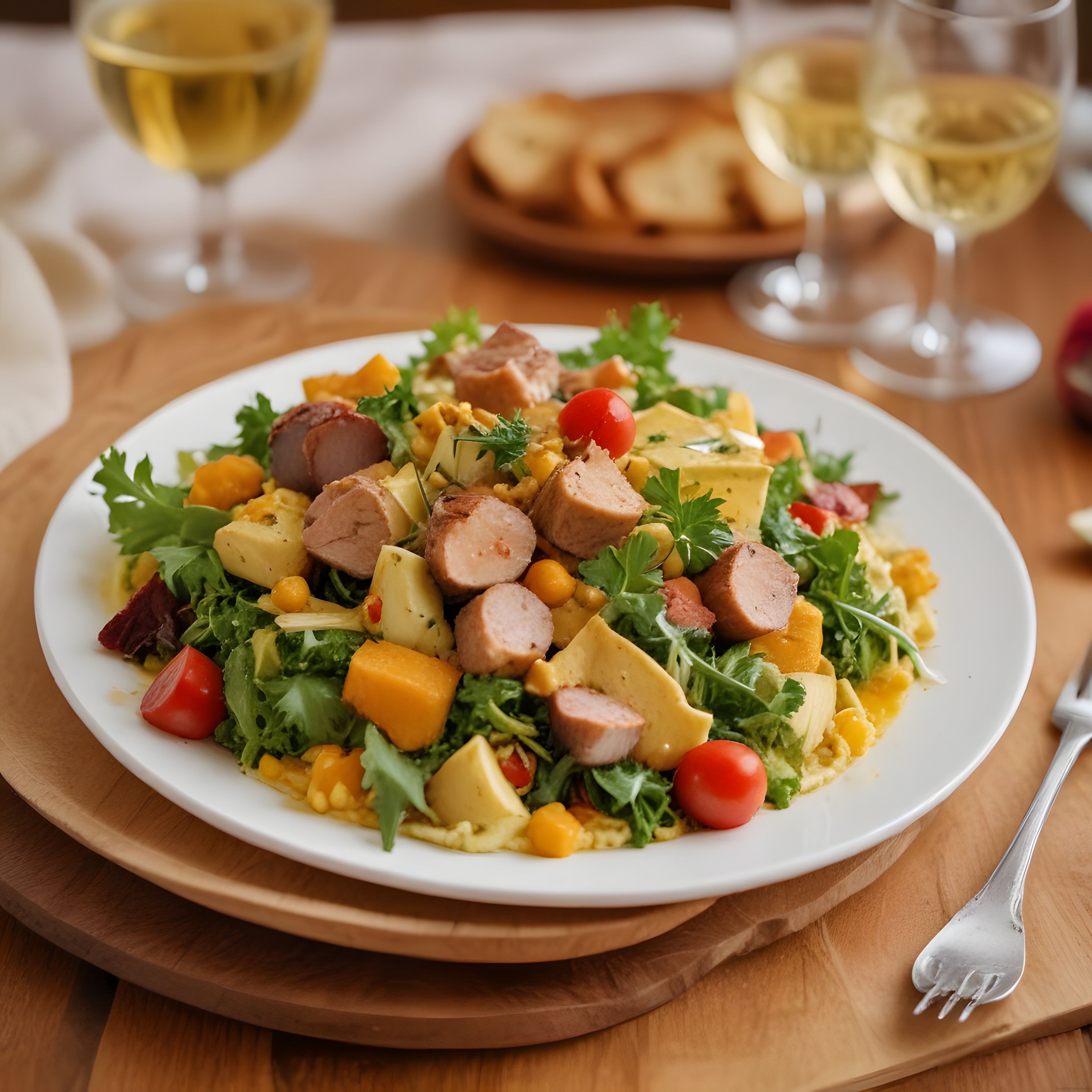 Ahşap Masa Üzerinde Beyaz Şarap Eşliğinde Gourmet Sosisli Salata Sunumu