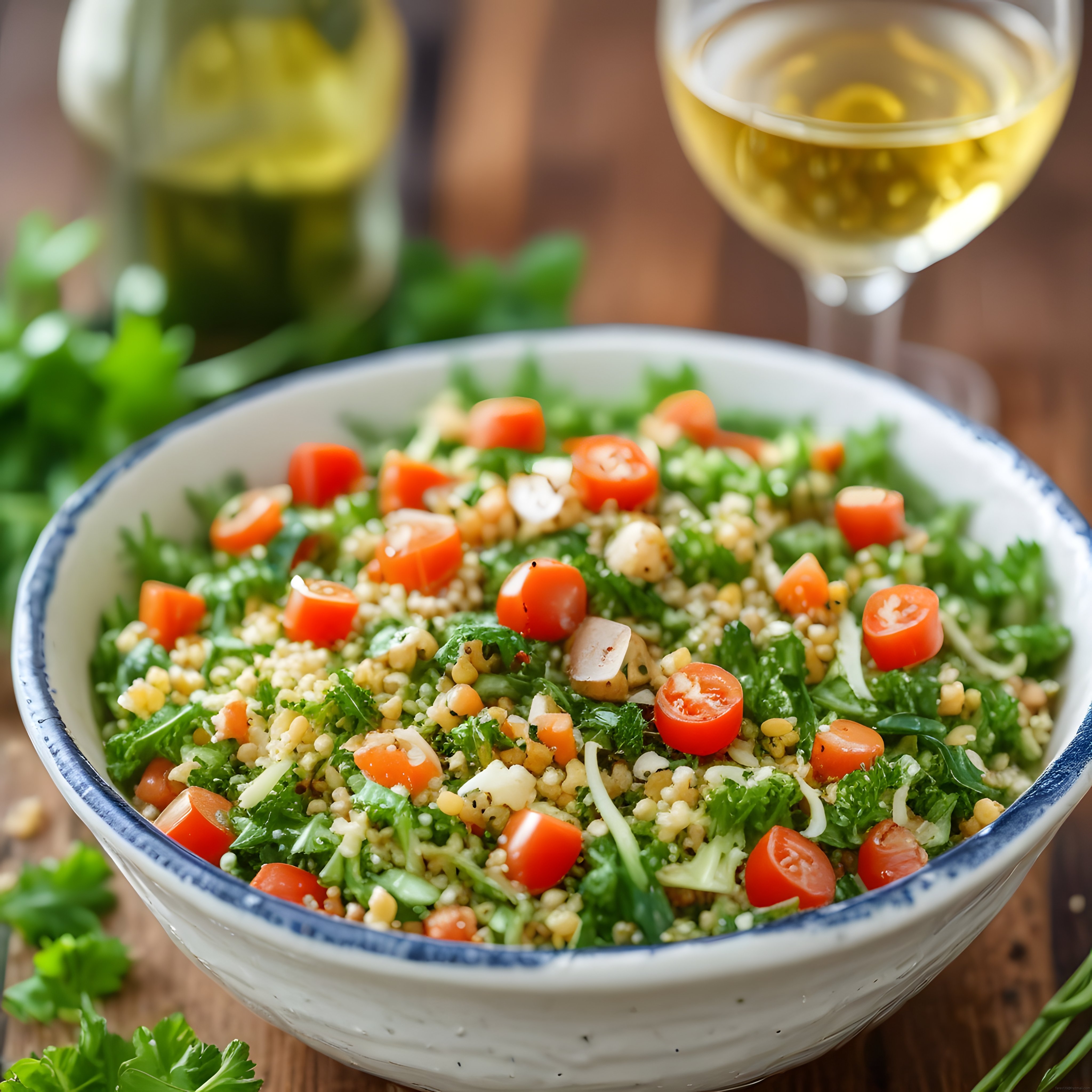 Ahşap Masa Üzerinde Beyaz Şarap Eşliğinde Kinoalı Yeşil Salata Sunumu