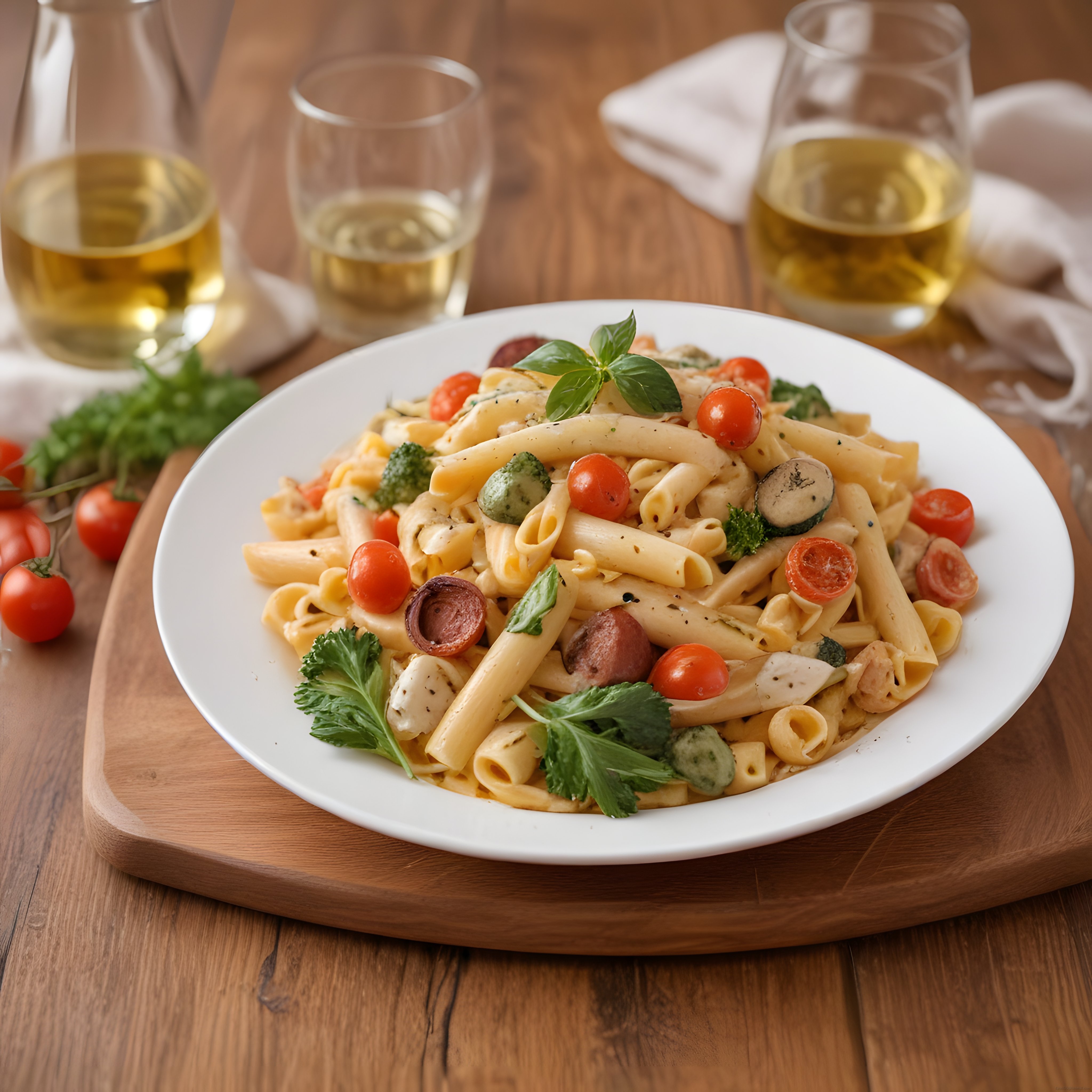 Ahşap Masa Üzerinde Beyaz Şarap Eşliğinde Sucuklu ve Sebzeli Penne Makarna
