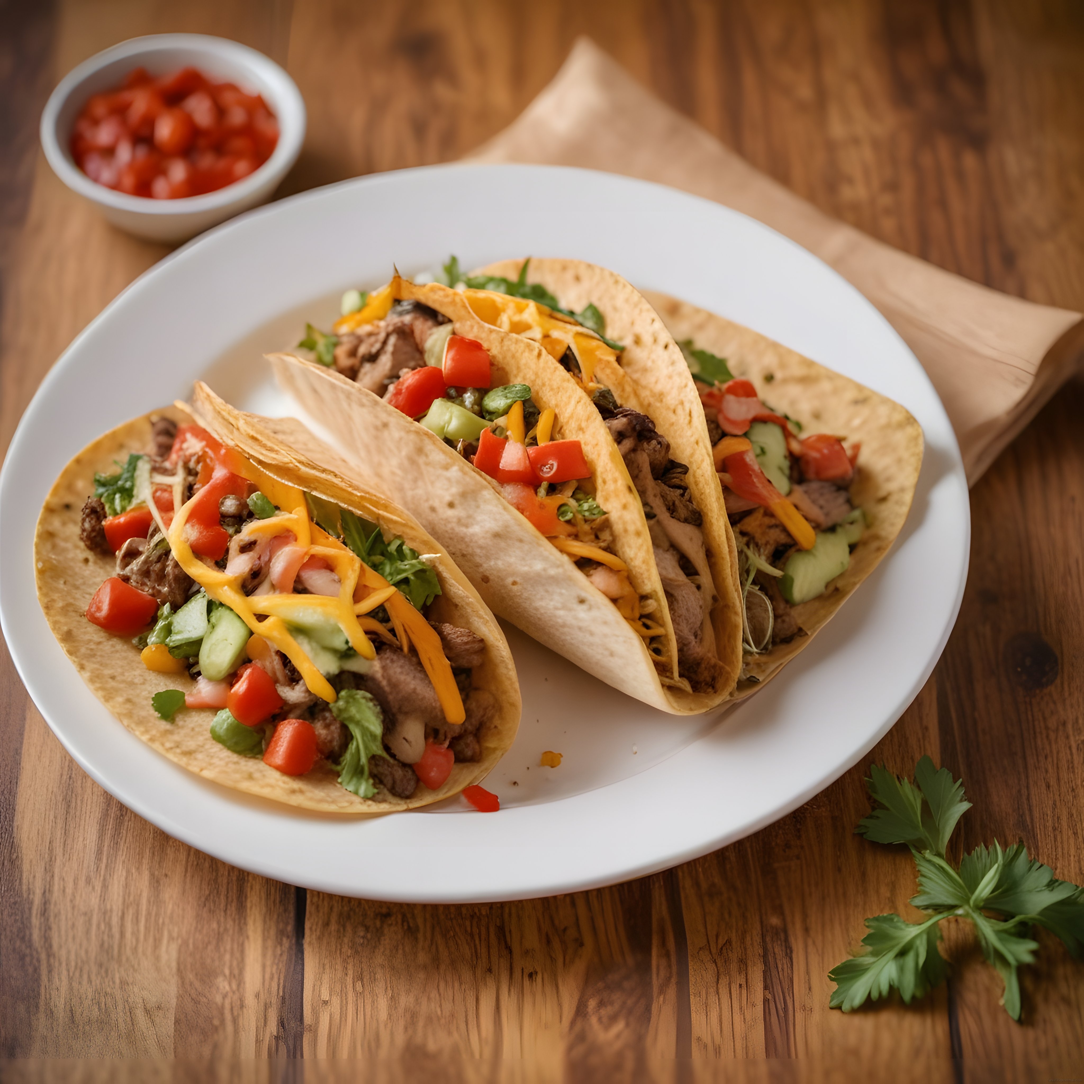 Ahşap Masa Üzerinde Beyaz Tabakta Meksika Usulü Etli Taco Sunumu ve Salsa Sosu
