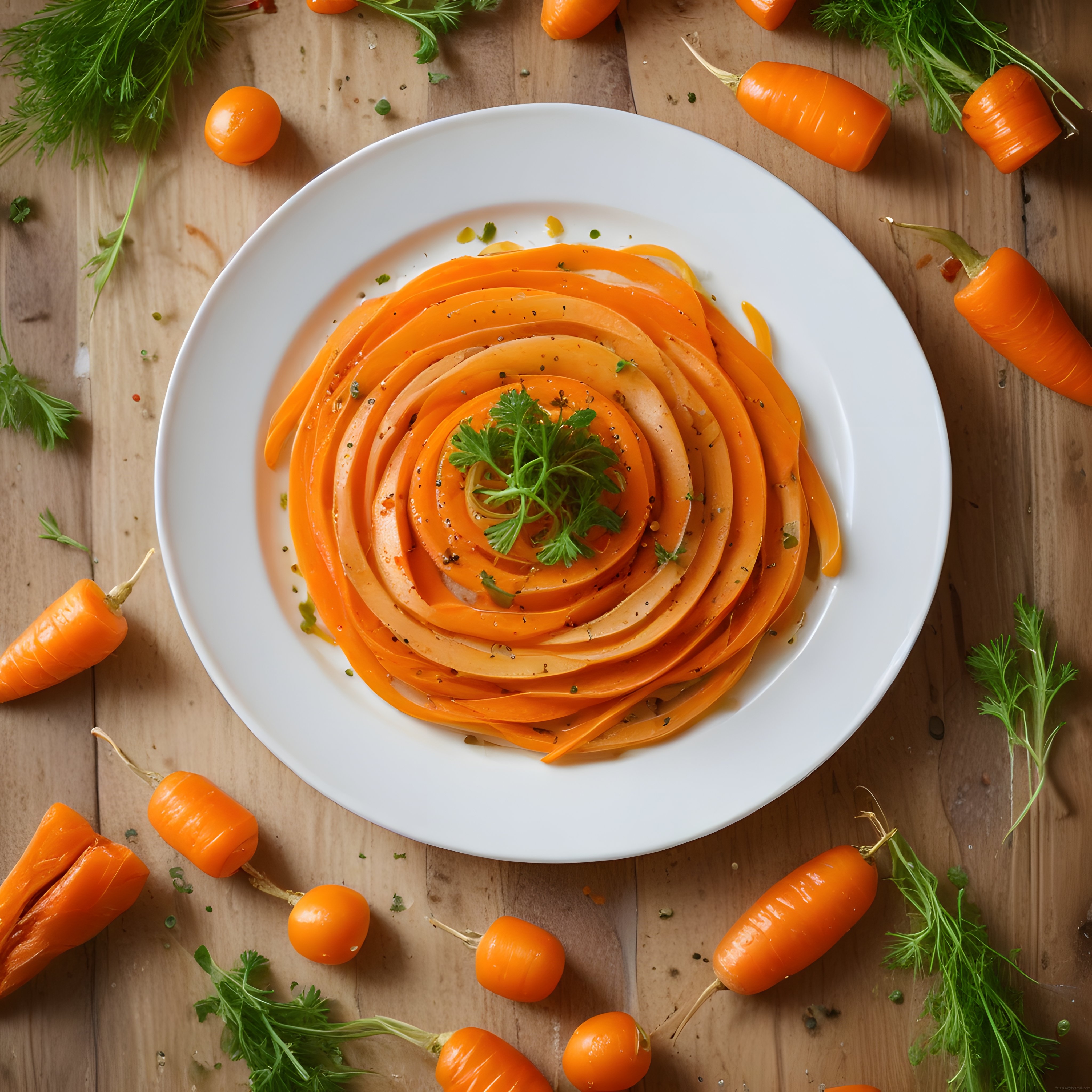 Ahşap Masa Üzerinde Beyaz Tabakta Spiral Havuç Salatası ve Taze Baharatlar