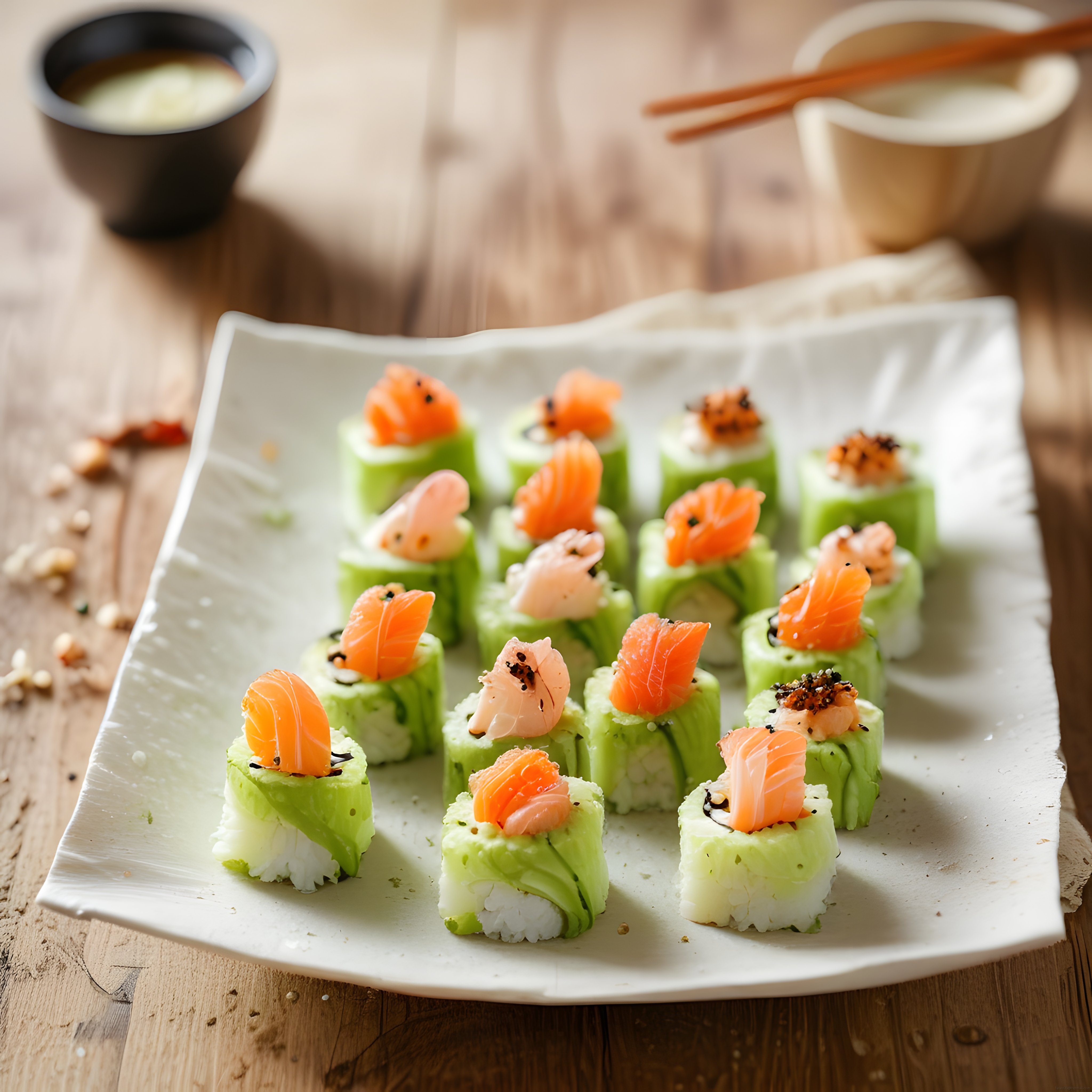 Ahşap masa üzerinde beyaz tabakta sunulan taze somonlu ve karidesli yeşil sushi