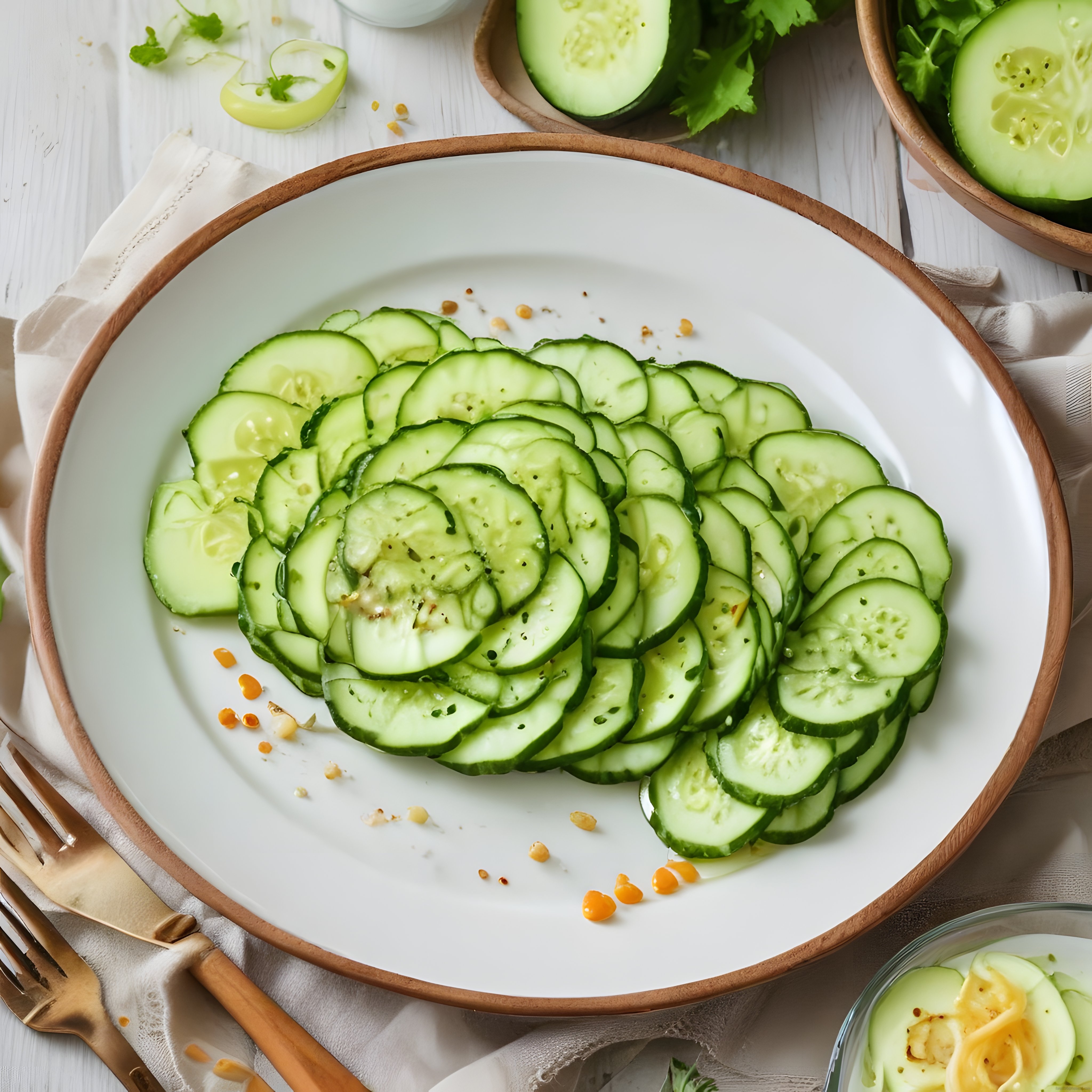 Ahşap Masa Üzerinde Beyaz Tabakta Taze Salatalık Dilimleri ile Hafif Salata