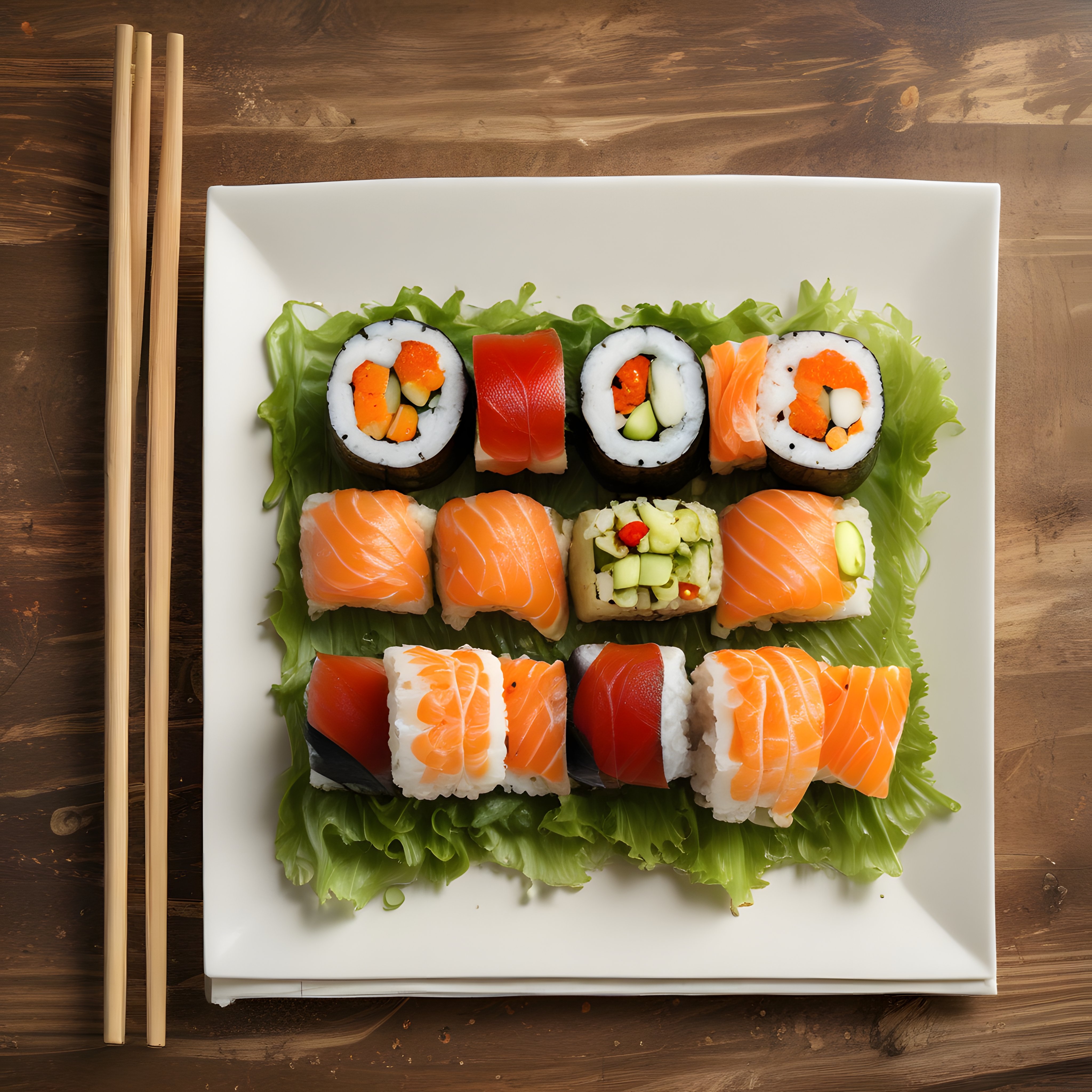 Ahşap masa üzerinde beyaz tabakta taze sushi çeşitleri ve yemek çubukları