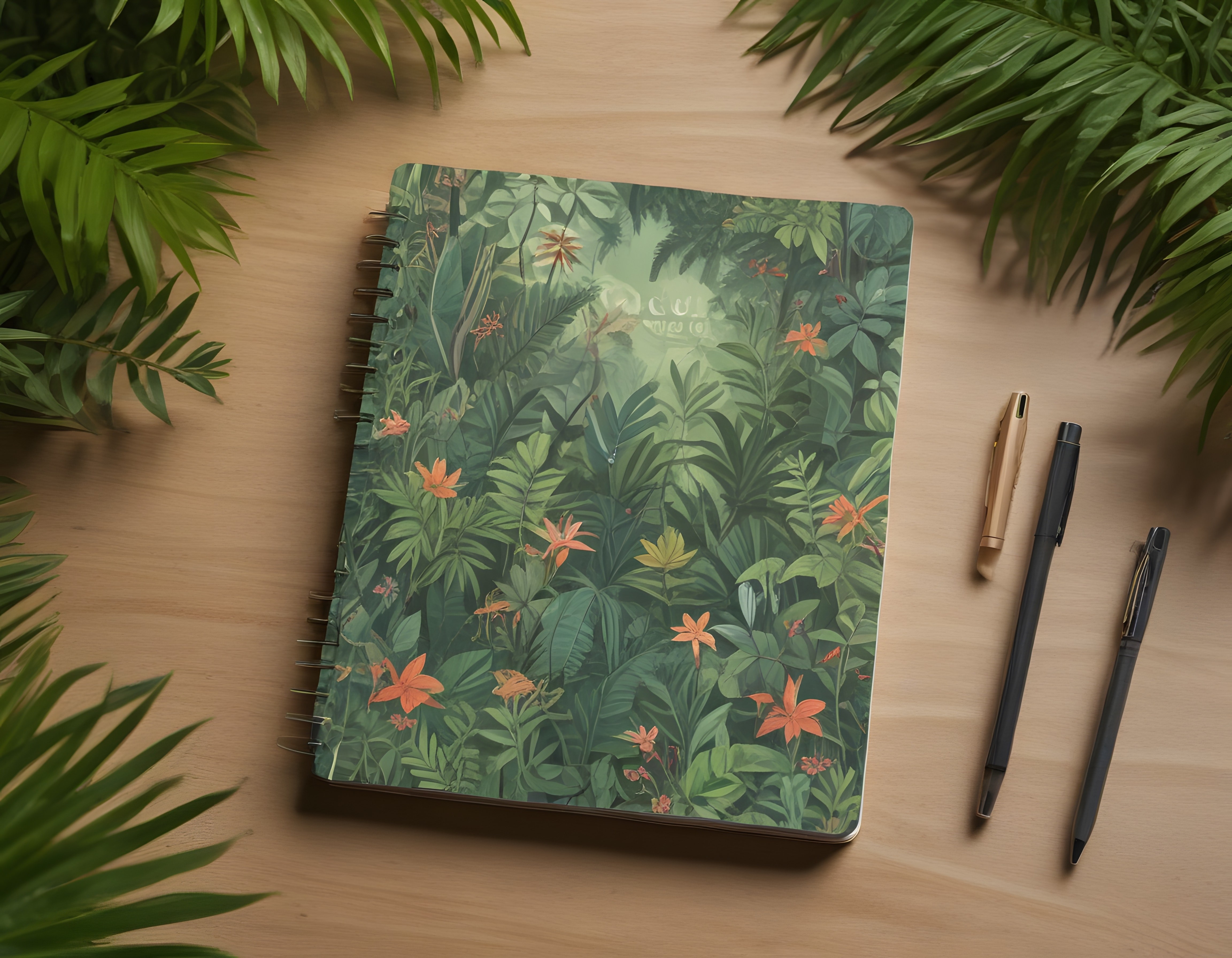 Ahşap Masa Üzerinde Botanik Desenli Defter ve Kırtasiye ile Estetik Flat Lay