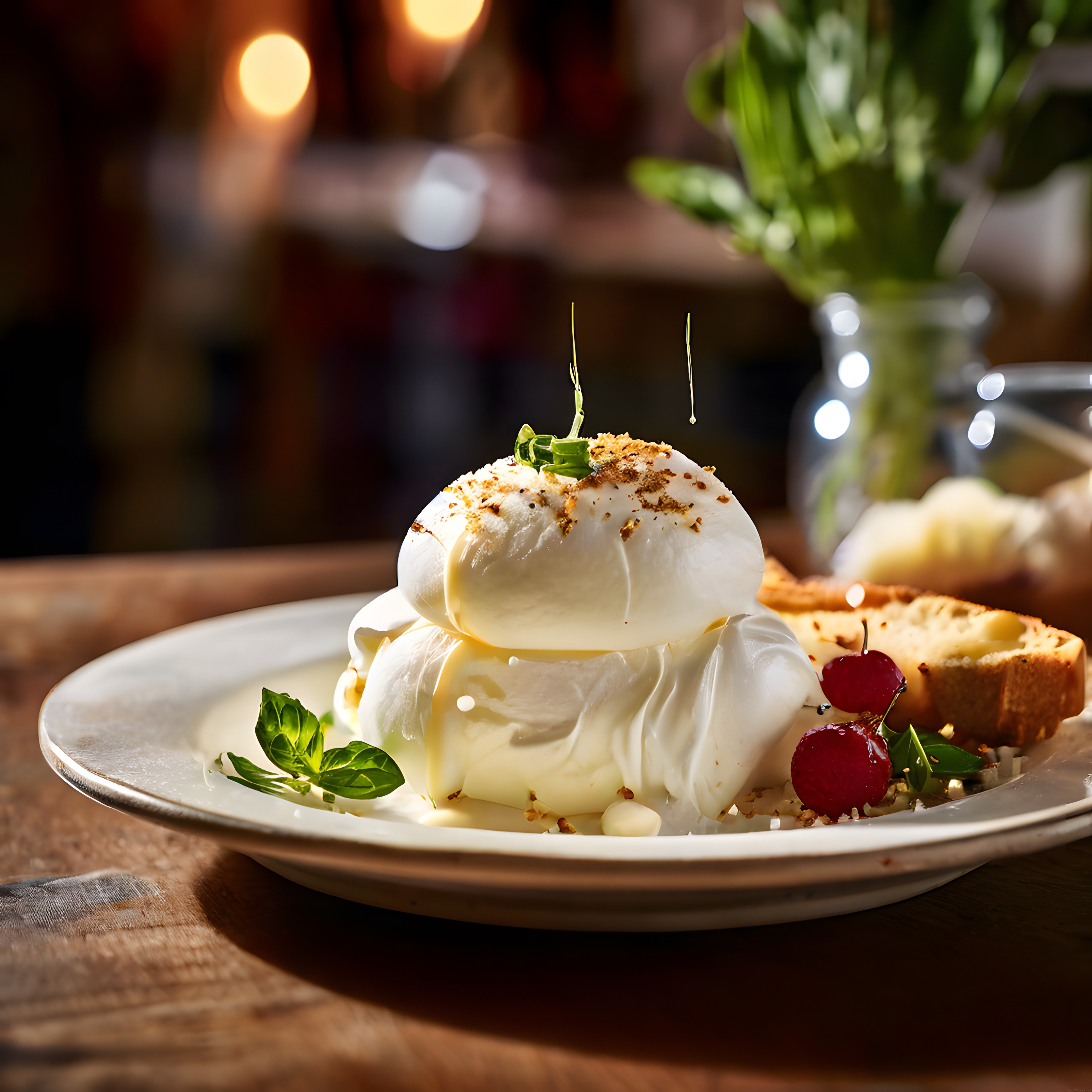 Ahşap Masa Üzerinde Burrata Peyniri, Kiraz ve Fesleğen ile Gurme Sunum