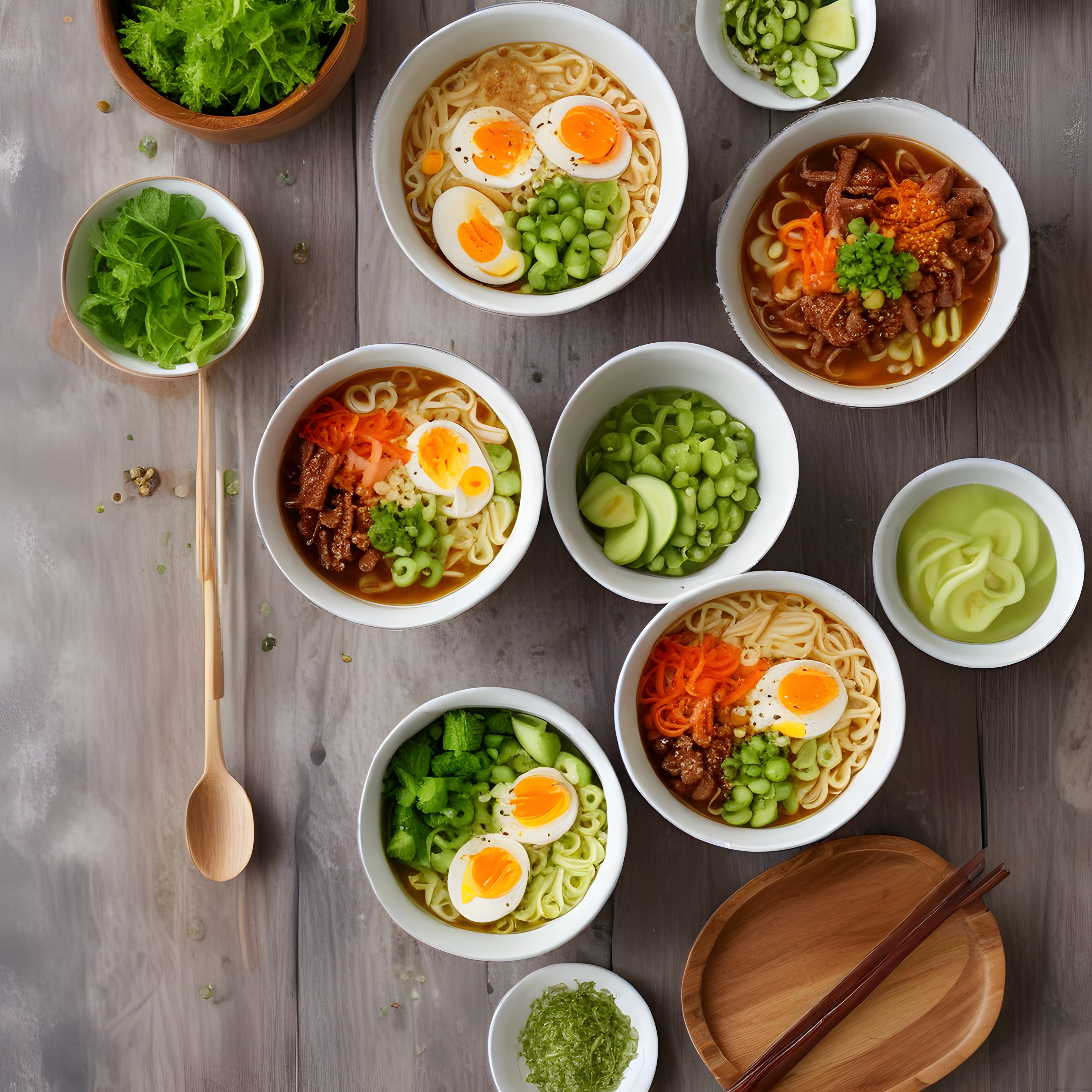 Ahşap Masa Üzerinde Çeşitli Asya Noodle ve Ramen Kaseleri Sunumu