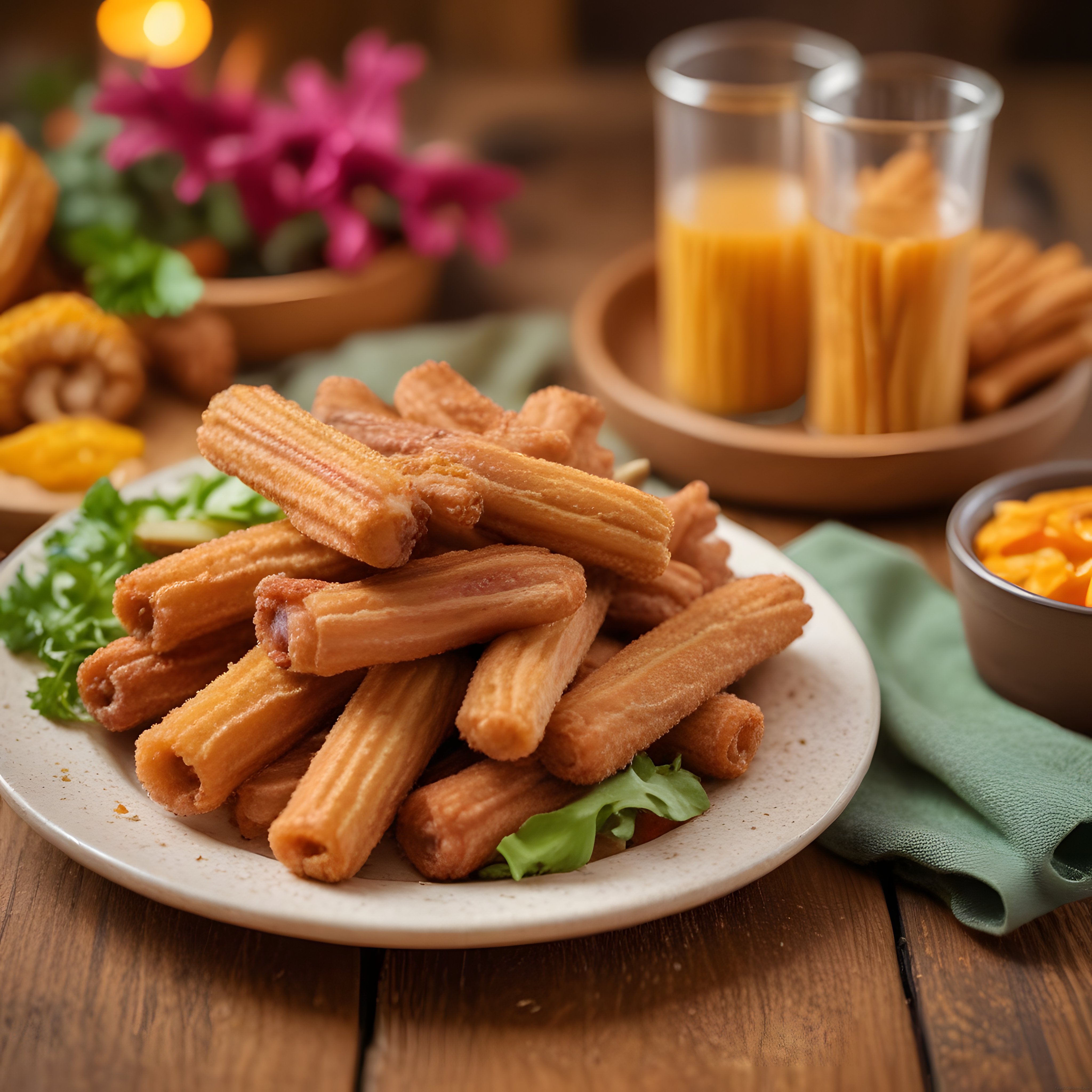 Ahşap Masa Üzerinde Churros, Taze Soslar ve Portakal Suyu Sunumu