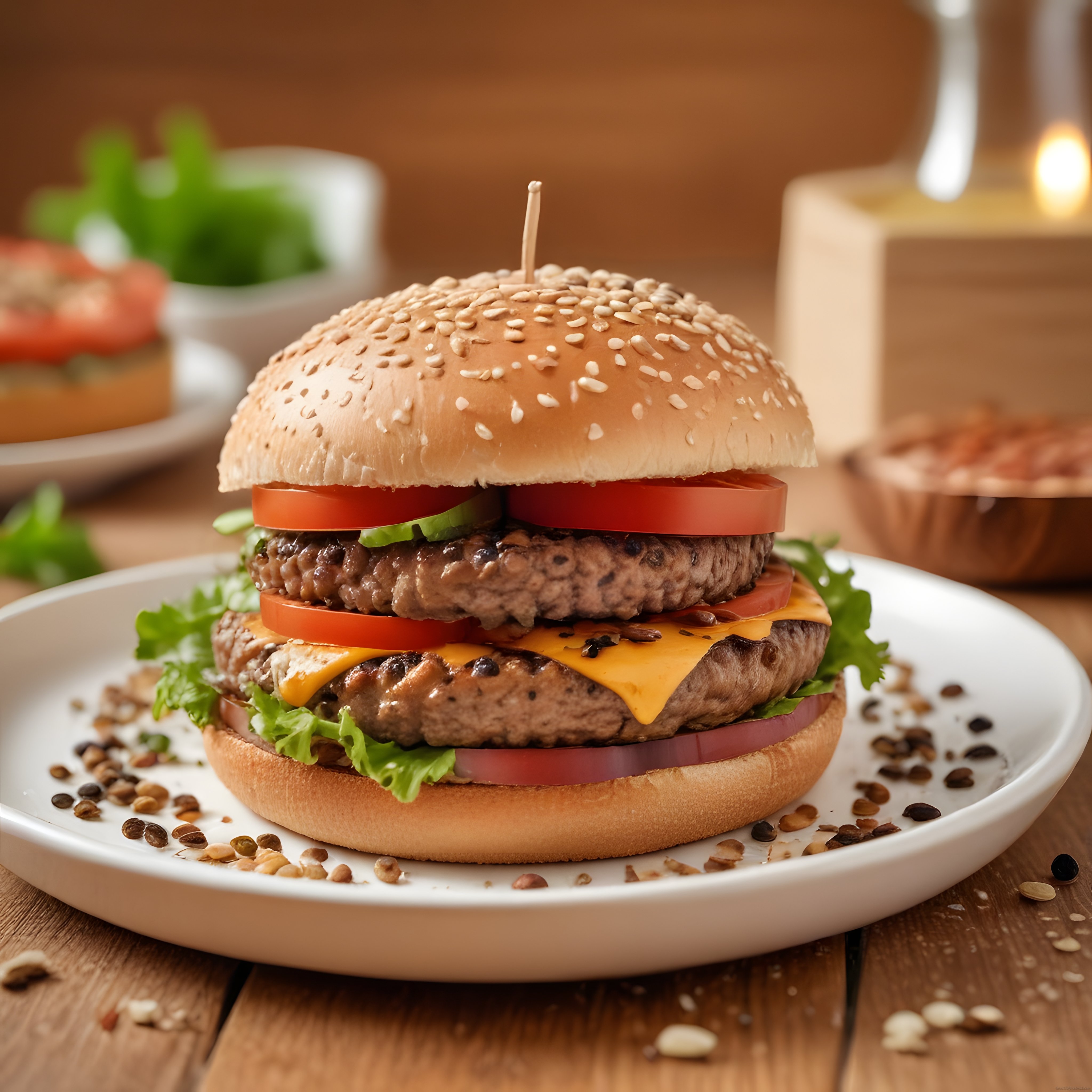 Ahşap Masa Üzerinde Çift Katlı Bol Malzemeli Hamburger ve Sıcak Atmosfer