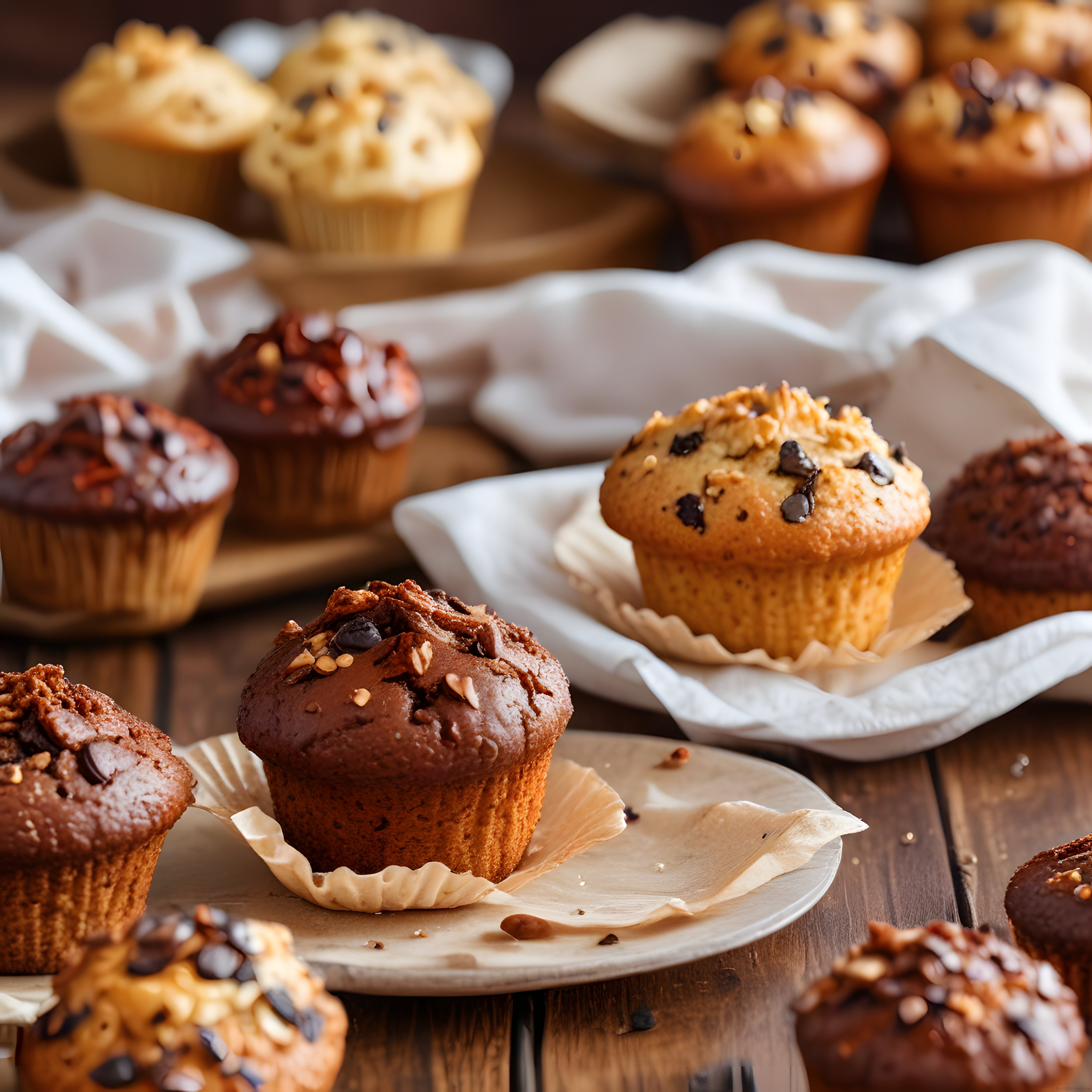 Ahşap Masa Üzerinde Çikolata Parçacıklı ve Fındıklı Taze Muffin Çeşitleri
