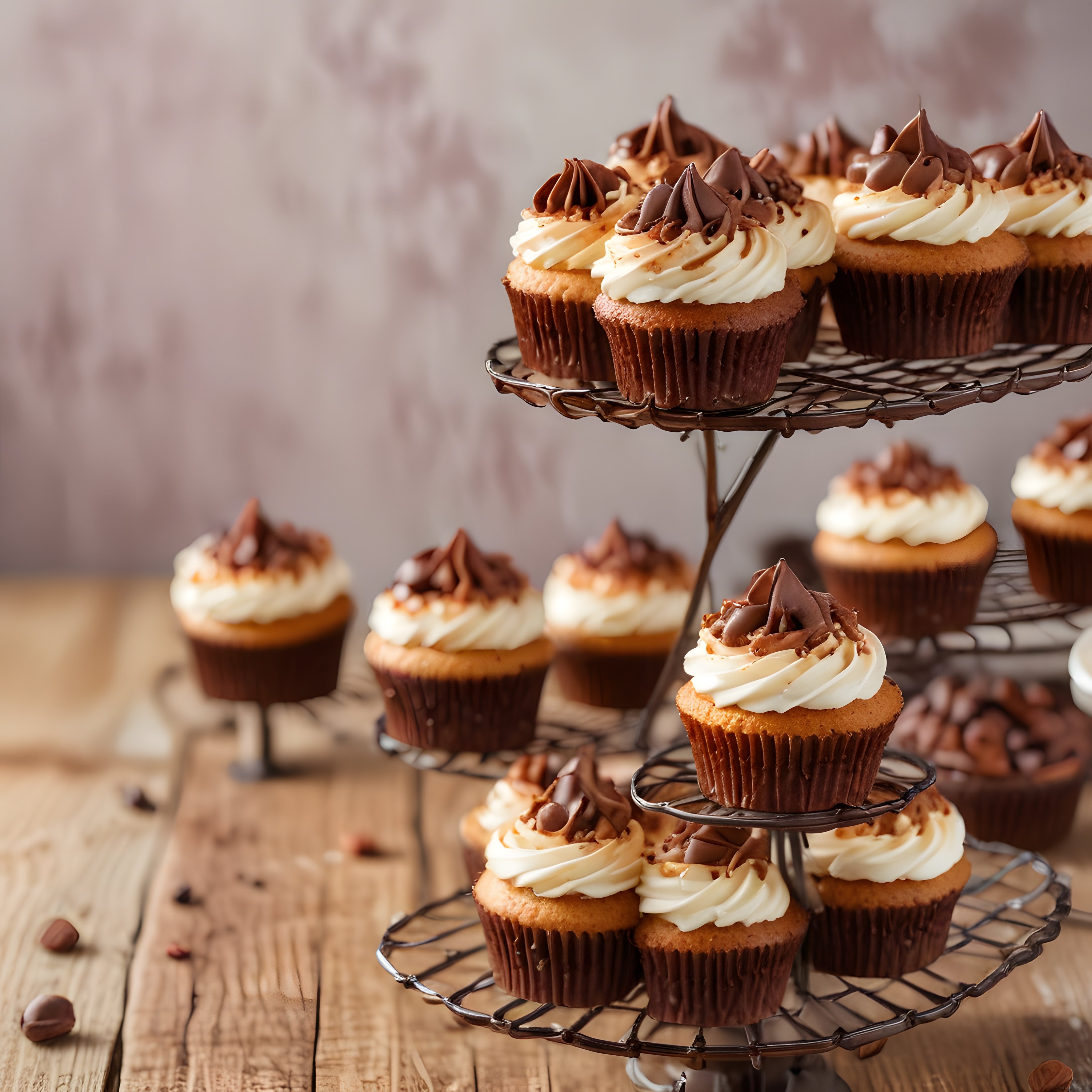 Ahşap Masa Üzerinde Çikolata ve Kremalı Cupcake'lerle Etkileyici Tatlı Sunumu