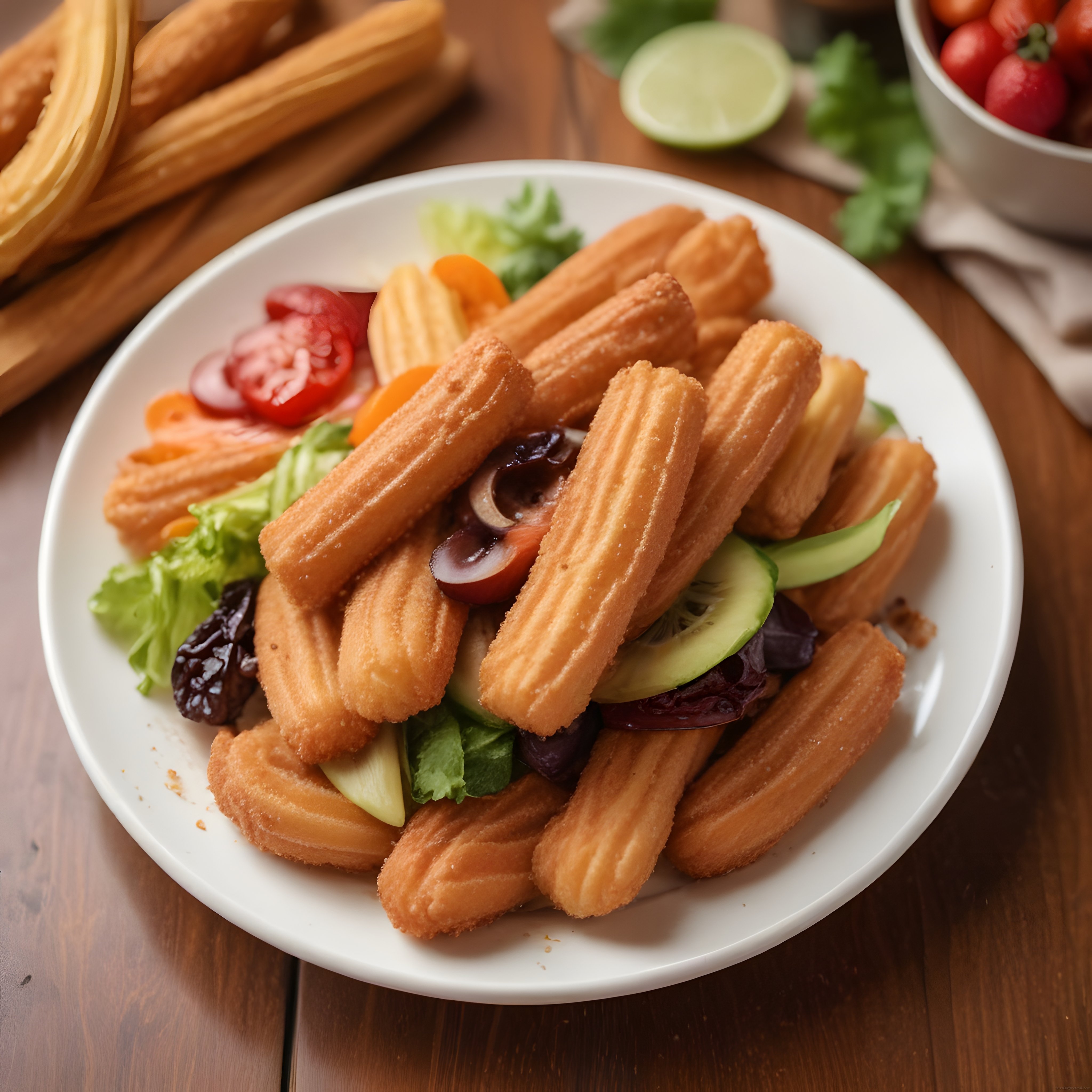Ahşap Masa Üzerinde Çıtır Churros ve Renkli Meyve Sebze Aranjmanı