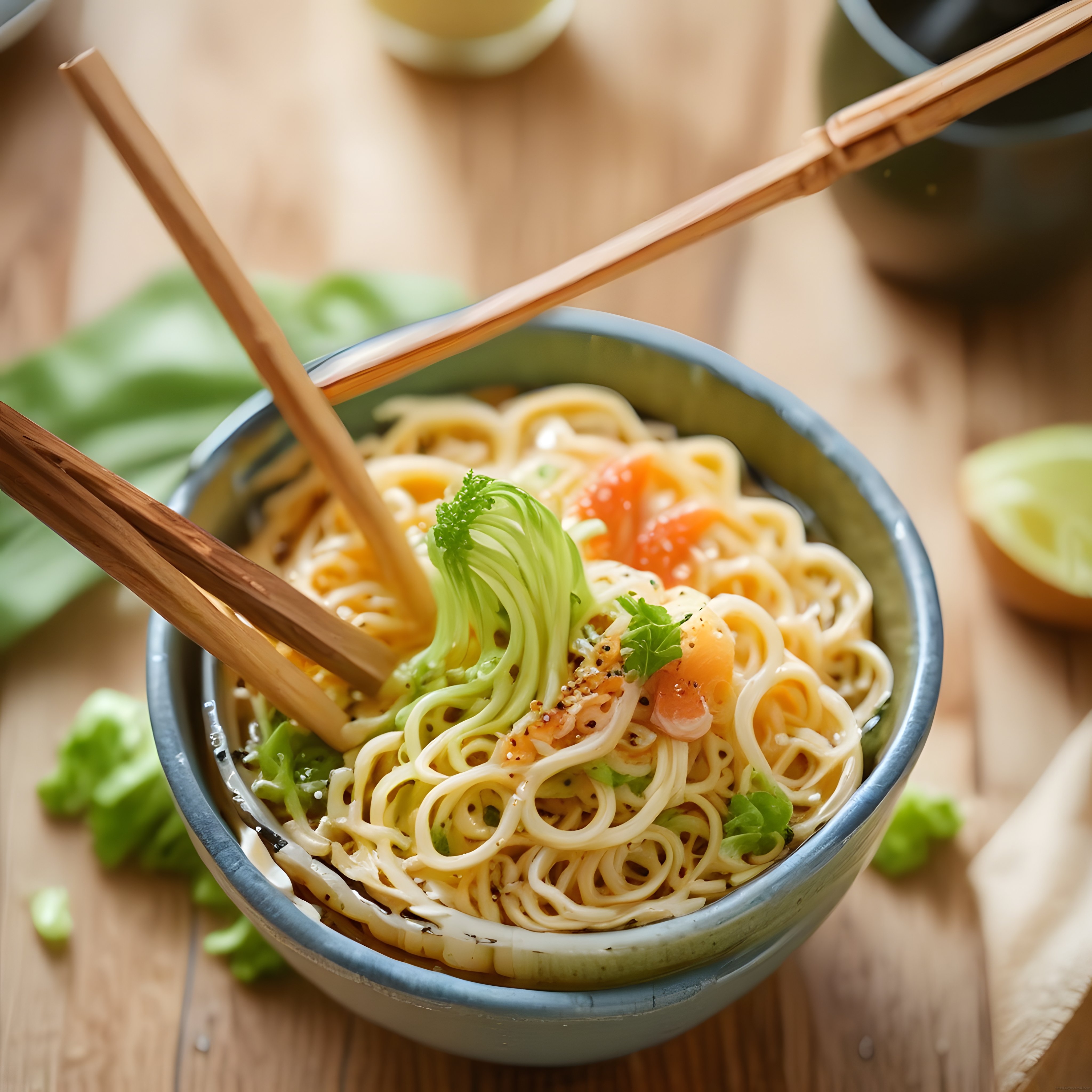 Ahşap masa üzerinde çubuklarla servis edilen somonlu avokadolu ramen kasesi
