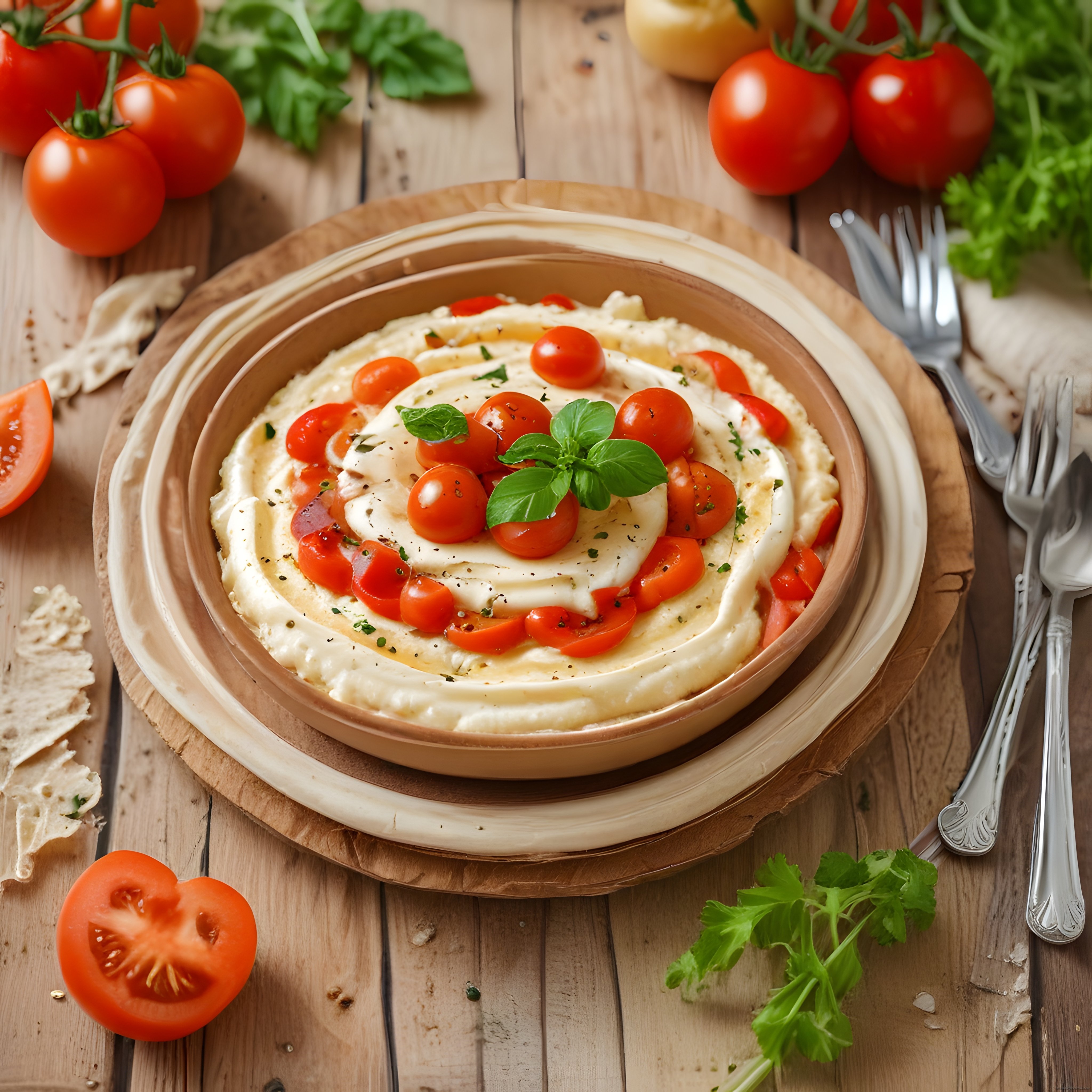 Ahşap Masa Üzerinde Domates ve Fesleğen Süslemeli Kremalı Meze Sunumu