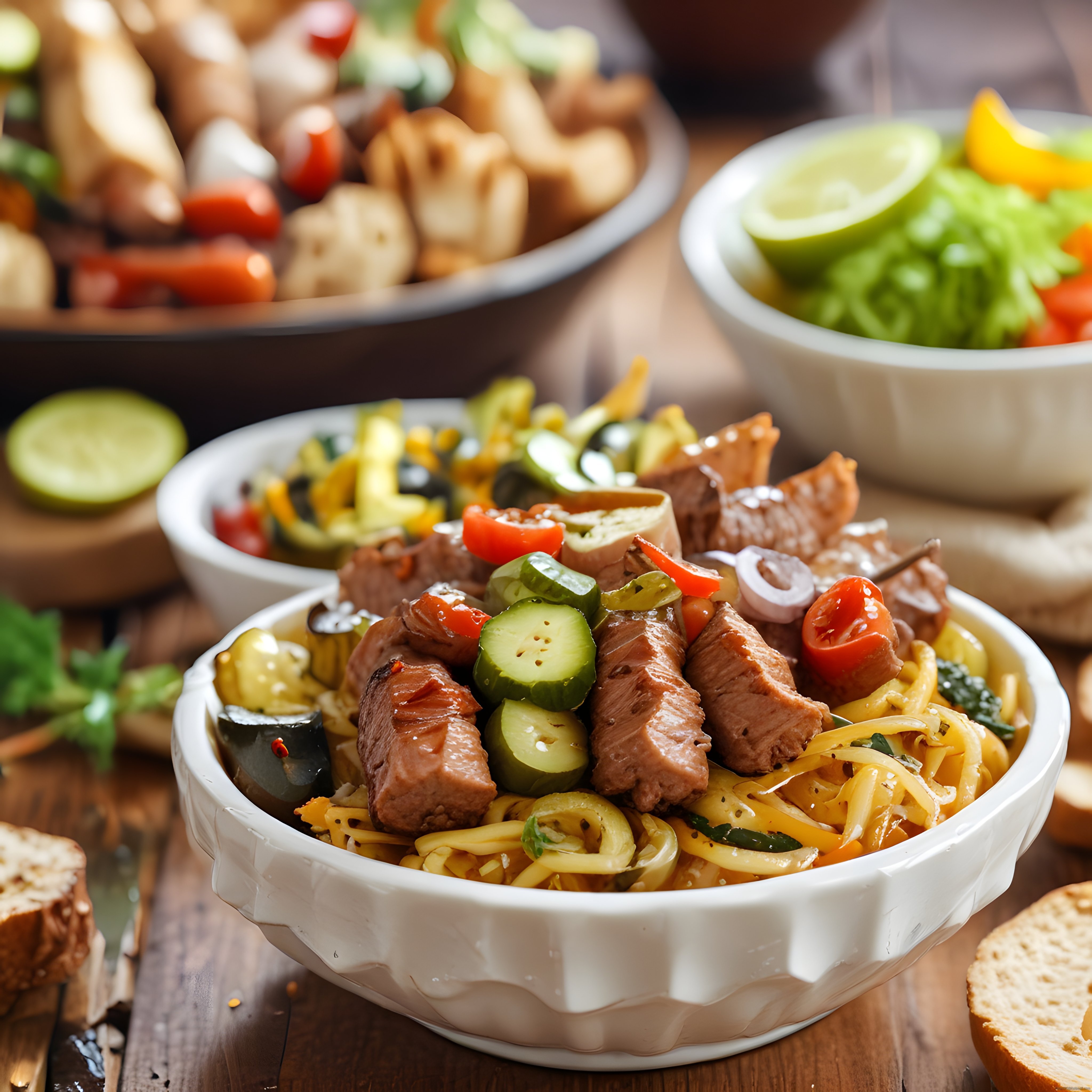Ahşap Masa Üzerinde Etli Makarna Kasesi ve Renkli Salata Sunumu